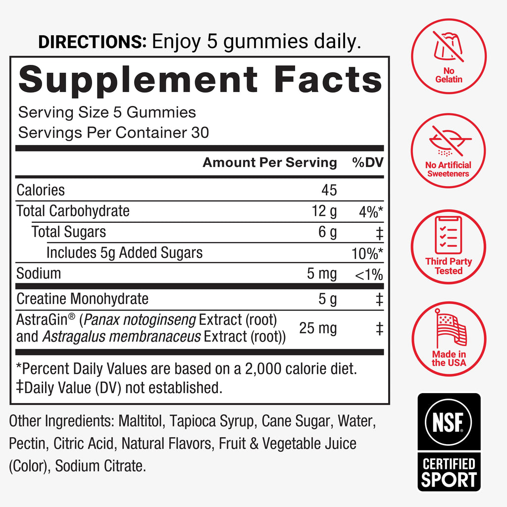 Force Factor Creatine Monohydrate Gummies, NSF Certified, 5g Dose for Men & Women to Support Muscle, Strength, Recovery, Cognitive Health & Memory, Mixed Berry, 150 Gummies