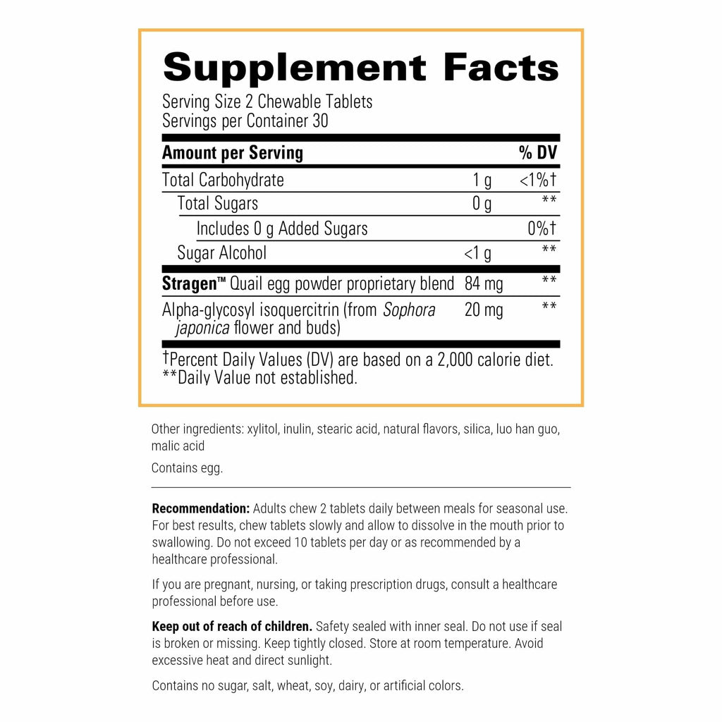 Integrative Therapeutics AllQlear - Seasonal Supplement for Immune Support *- Quail Egg Powder Blend - Dairy-Free - Berry Flavored, 60 Chewable Tablets (30 Servings)