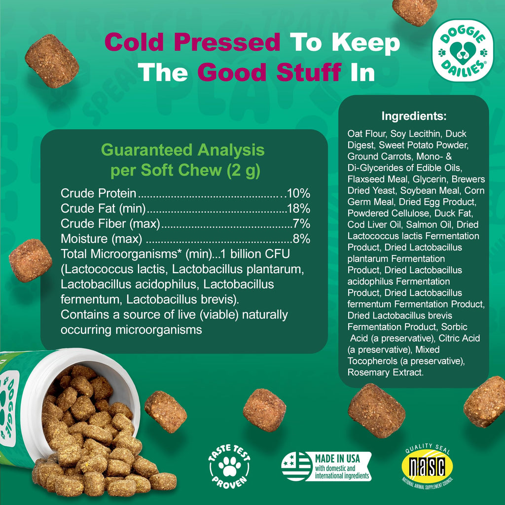 Doggie Dailies Probiotics for Dogs - Advanced Dog Probiotics with Prebiotics - Promotes Digestive Health - Supports Immune System and Overall Health (Duck) 225 Soft Chews
