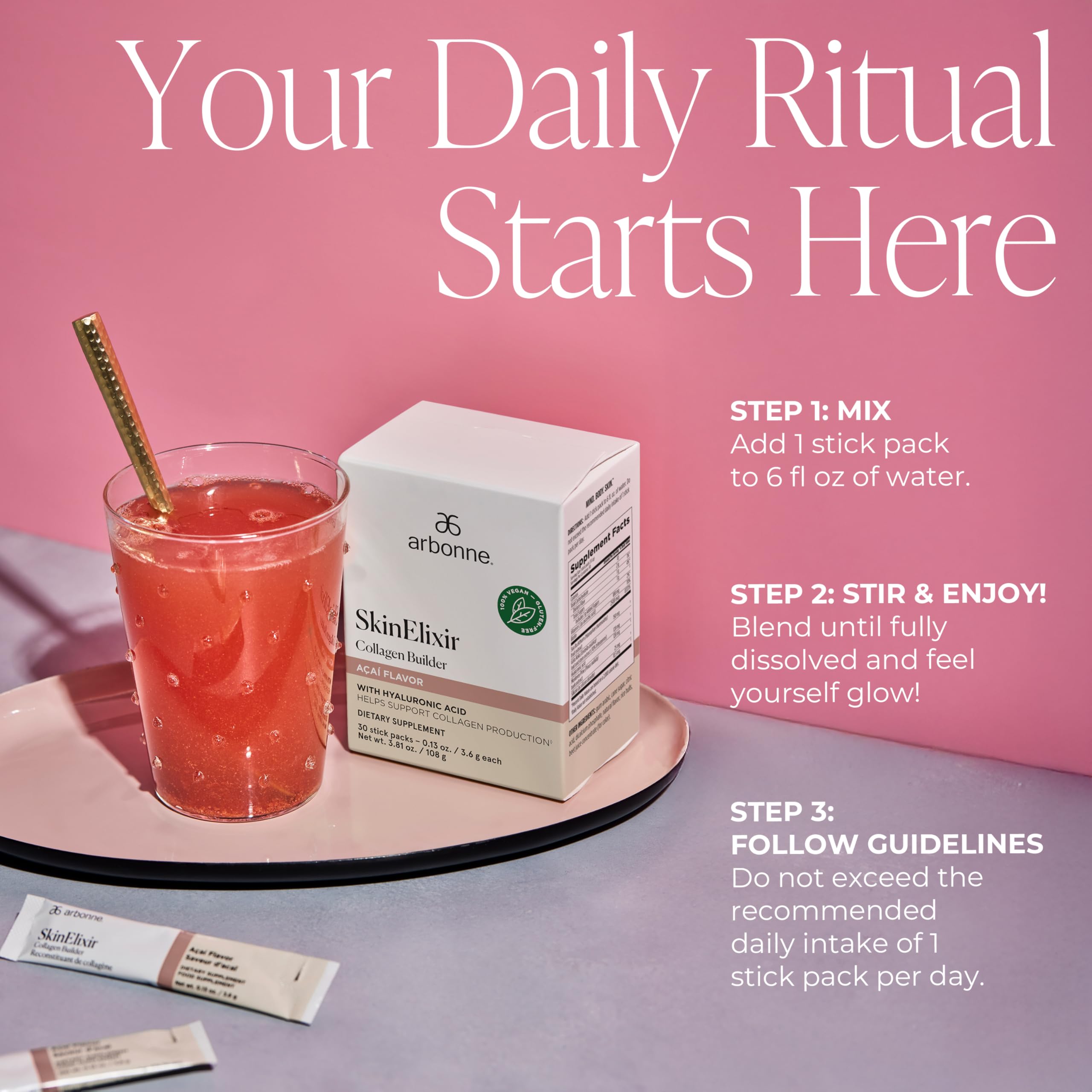 Arbonne SkinElixir Collagen Powder Builder - Açaí-Flavored Vegan Supplement for Women with Hyaluronic Acid, Vitamin C, Biotin & Antioxidants - Supports Healthy Skin, Hair & Nails - 30 Stick Packs