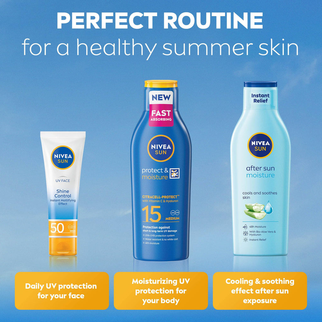 NIVEA SUN Protect & Moisture Sun Lotion SPF 15 (200 ml), Suncream with Vitamin C and Hyaluron, Provides 48H Moisture and Immediate UVA/UVB Protection, Fast-Absorbing, No White Cast Formula