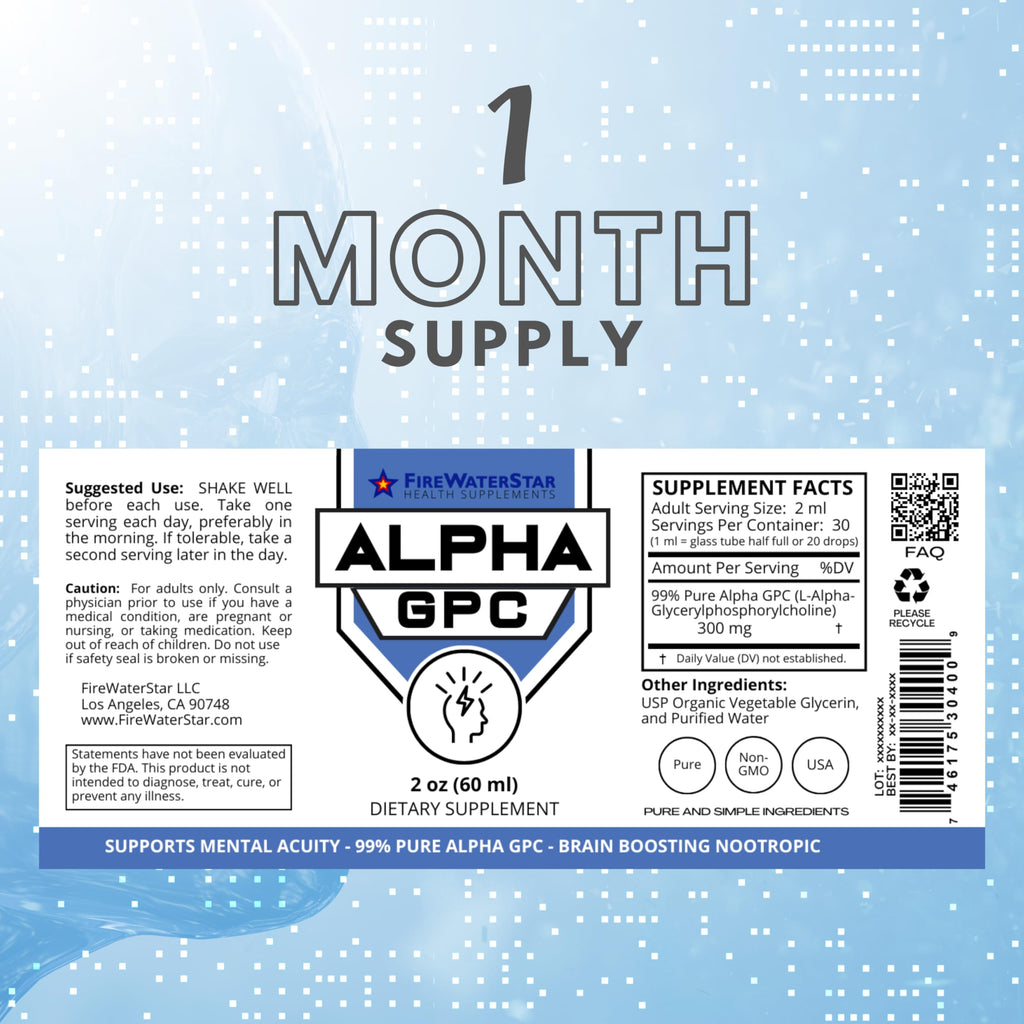 FWS Alpha GPC, 300 mg Liquid Alpha GPC Choline, Organic, Non-GMO, Fast Acting Nootropic Brain Supplement for Memory and Focus, Supports Healthy Brain Function for Mental Clarity