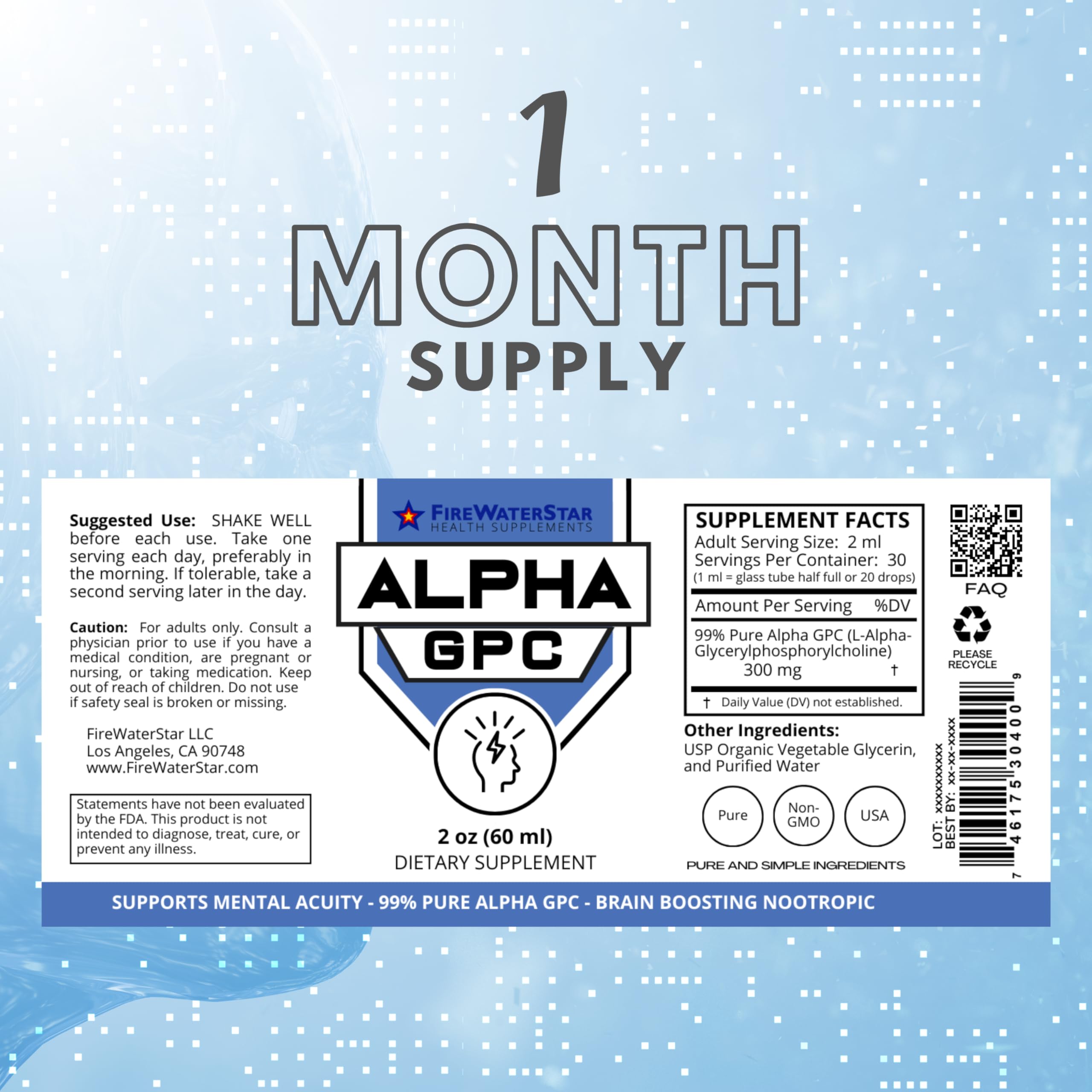 FWS Alpha GPC, 300 mg Liquid Alpha GPC Choline, Organic, Non-GMO, Fast Acting Nootropic Brain Supplement for Memory and Focus, Supports Healthy Brain Function for Mental Clarity