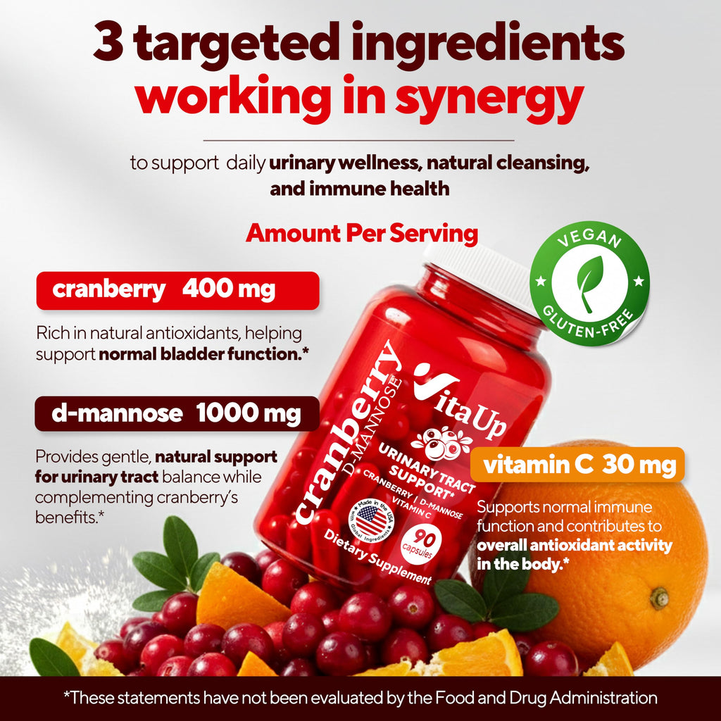 VitaUp D-Mannose & Cranberry Supplement for Women – USA Made Cranberry, Vitamin C & D-Mannose Supplement – Cranberry Capsules for Women for Urinary Tract & Bladder Support – 90 Vegan Capsules