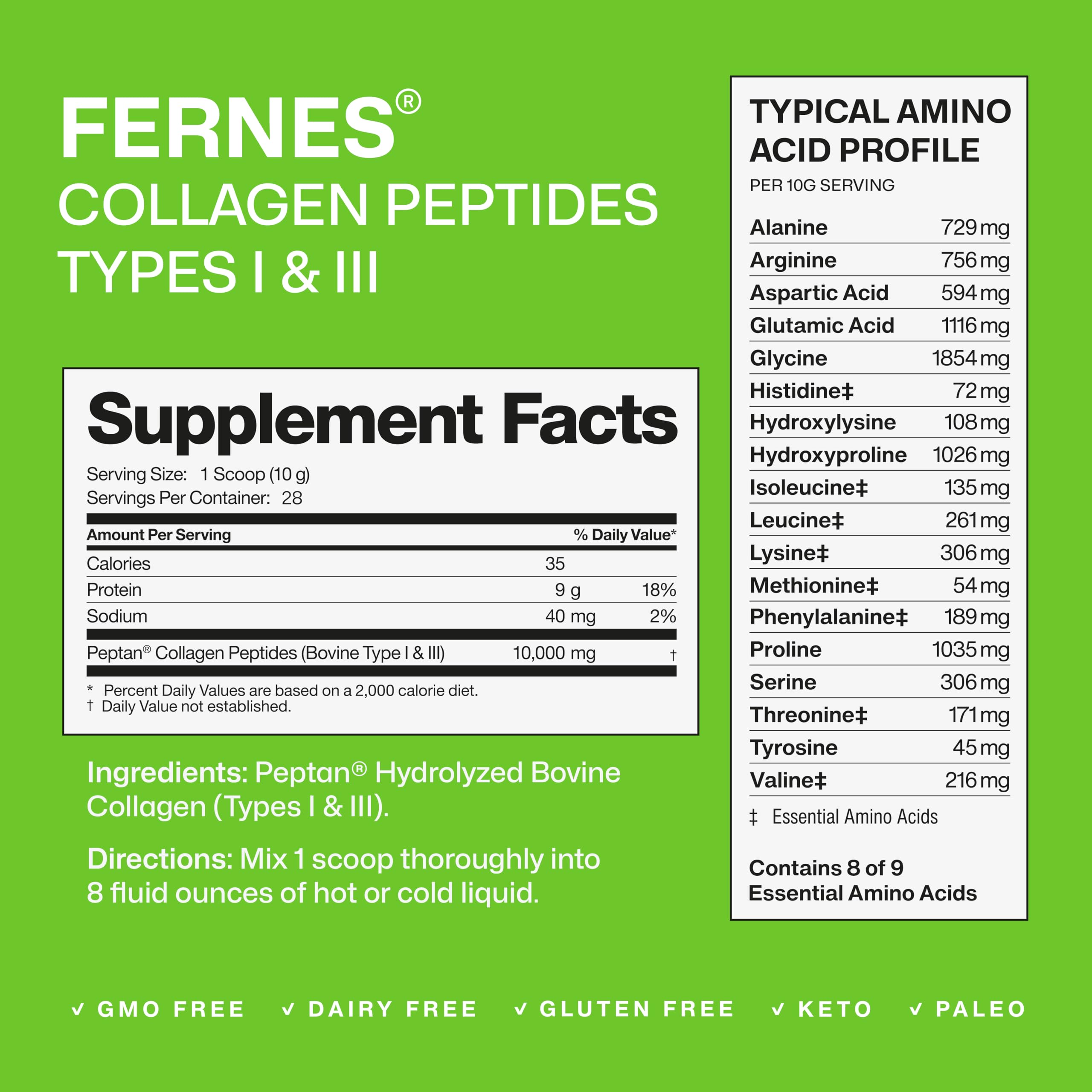 Fernes Hydrolyzed Collagen Peptides Supplement for Women & Men - Joint, Hair, Skin & Nails Support - Grass Fed Type I & III - Keto, Paleo - 28 Servings, 9.88 oz, Unflavored Powder