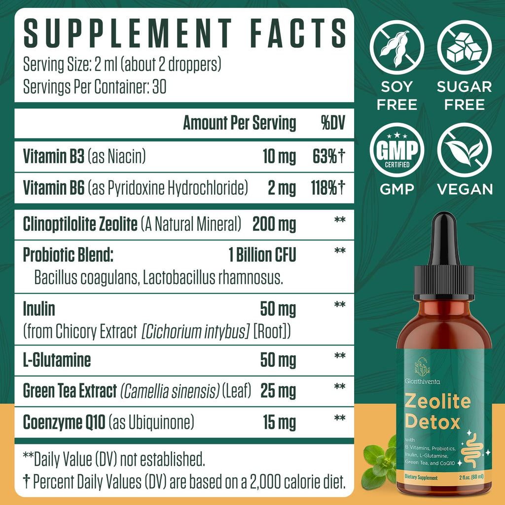 Glorithiventa Zeolite Detox for Adults, Zeolite Liquid Drops with Vitamin B, Probiotic Blend, Gentle Detox for Adults, Energy, Gut, Focus - 4 Fl Oz (2 Bottles)
