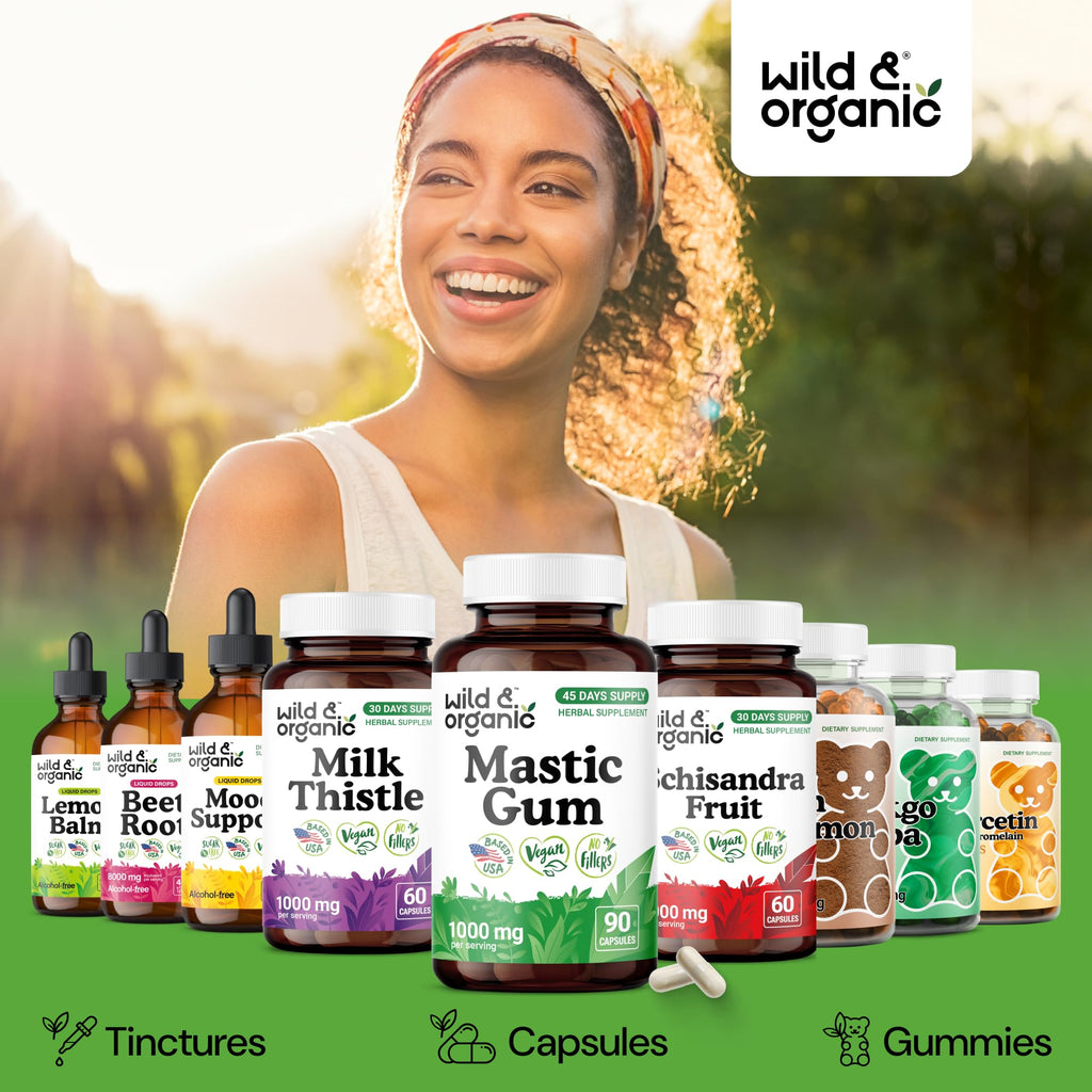 Wild & Organic Mastic Gum Capsules - 1000 mg Mastic Gum Supplement for Gut Support - 45 Days of Supply - 90 Vegan Resin Capsules - No Fillers, Non-GMO, Gluten-Free
