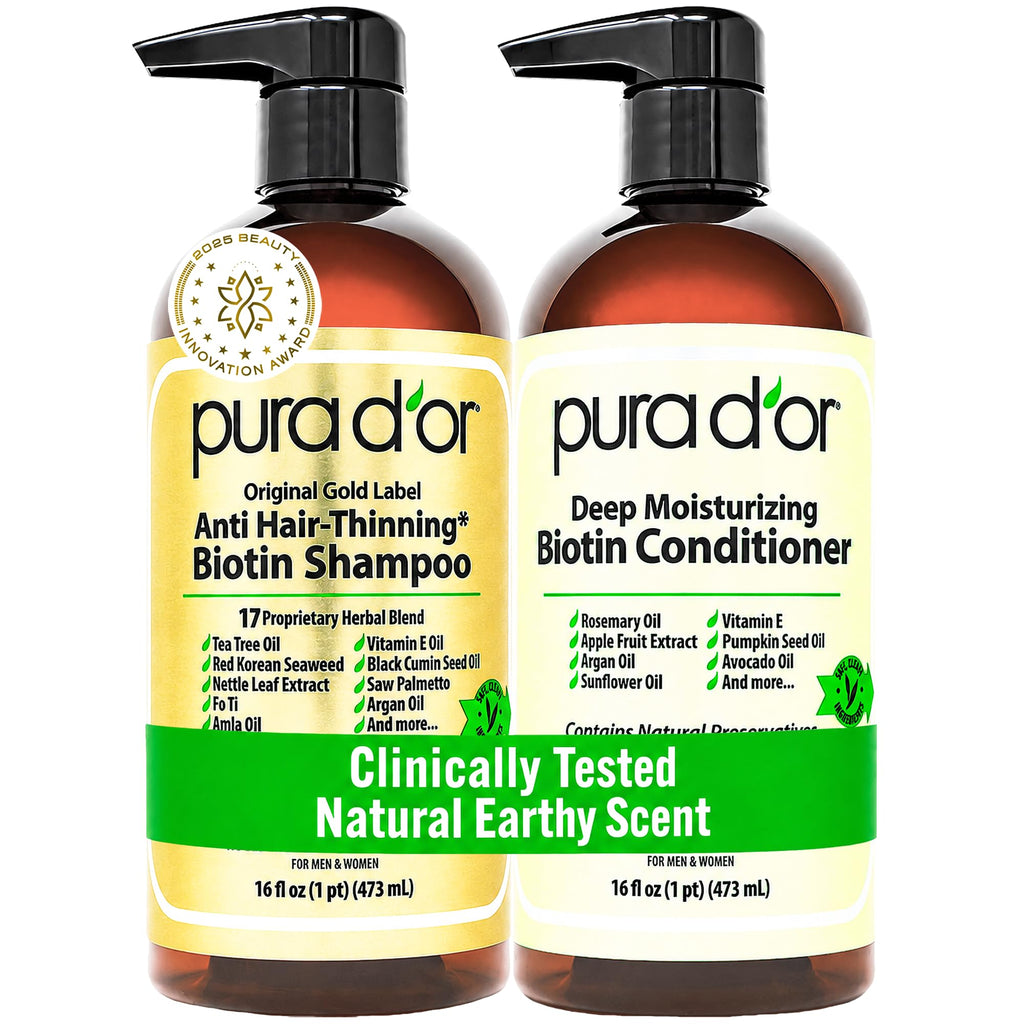 PURA D'OR Anti-Thinning Biotin Shampoo & Hair Regrowth Conditioner, CLINICALLY TESTED Effective Results, Thickening Herbal Blend For Women & Men, Original Gold Label Set, Natural Earthy Scent, 16oz x2