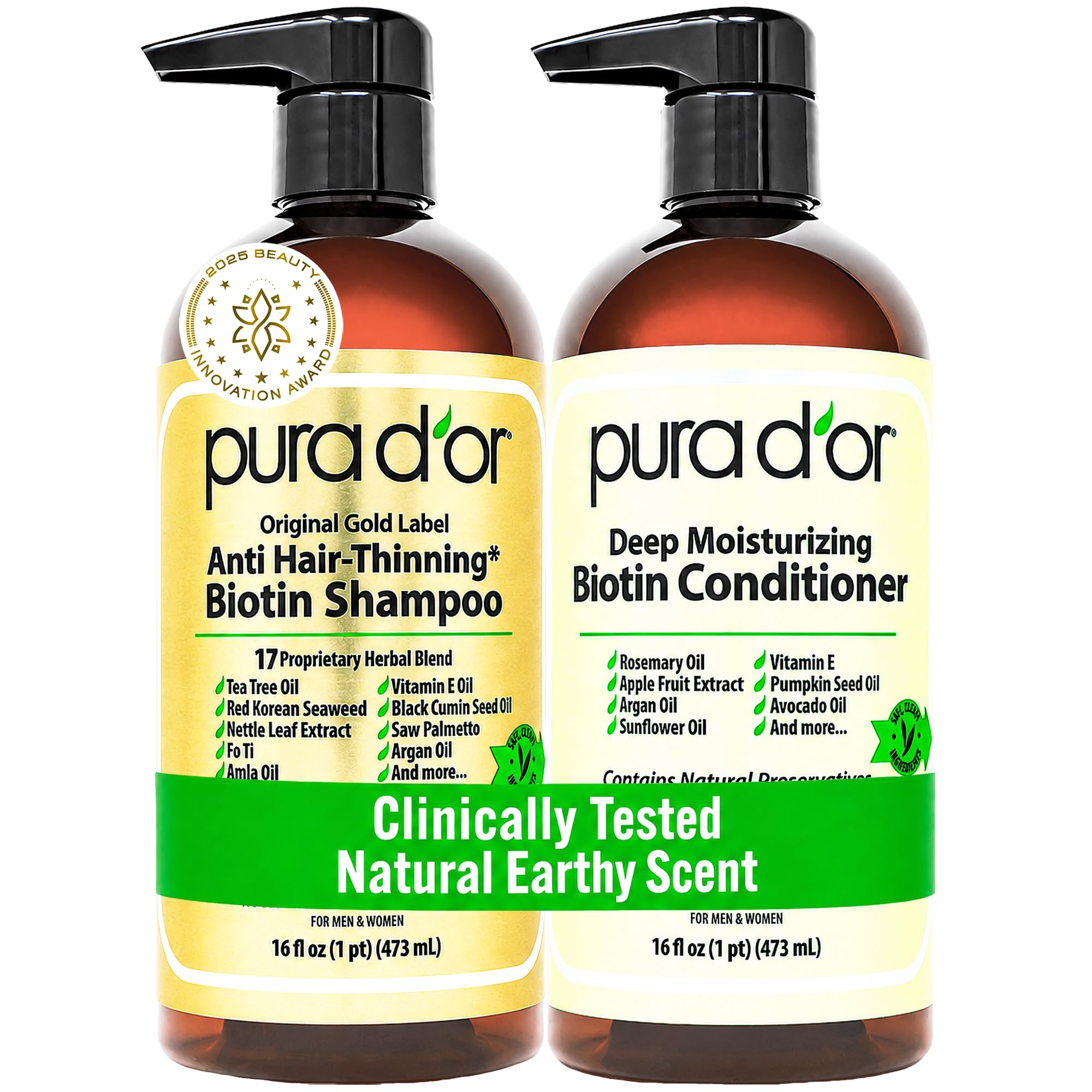 PURA D'OR Anti-Thinning Biotin Shampoo & Hair Regrowth Conditioner, CLINICALLY TESTED Effective Results, Thickening Herbal Blend For Women & Men, Original Gold Label Set, Natural Earthy Scent, 16oz x2