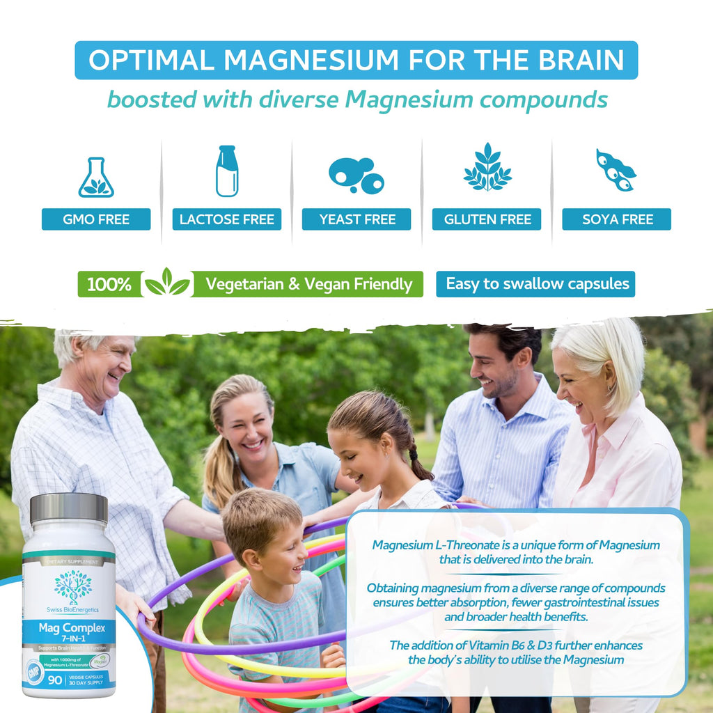 Magnesium L-Threonate Complex 7-in-1 with 1000mg of Magtein Plus Magnesium as Bisglycinate, Taurate, Citrate, Gluconate, Malate & Lactate - Supports Sleep - Vegan, US Made and No Artificial Nasties
