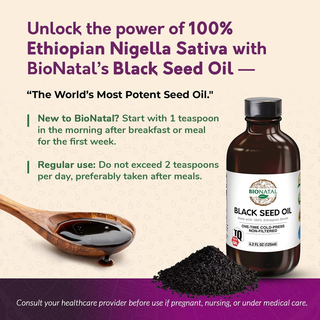 BioNatal Ethiopian Black Seed Oil 4.2oz Glass– Cold Pressed Nigella Sativa Producing Black Cumin Seed Oil, Unrefined & Non-Filtered, High TQ Up to 4.64% – Supports Immune System, Digestion & Joints