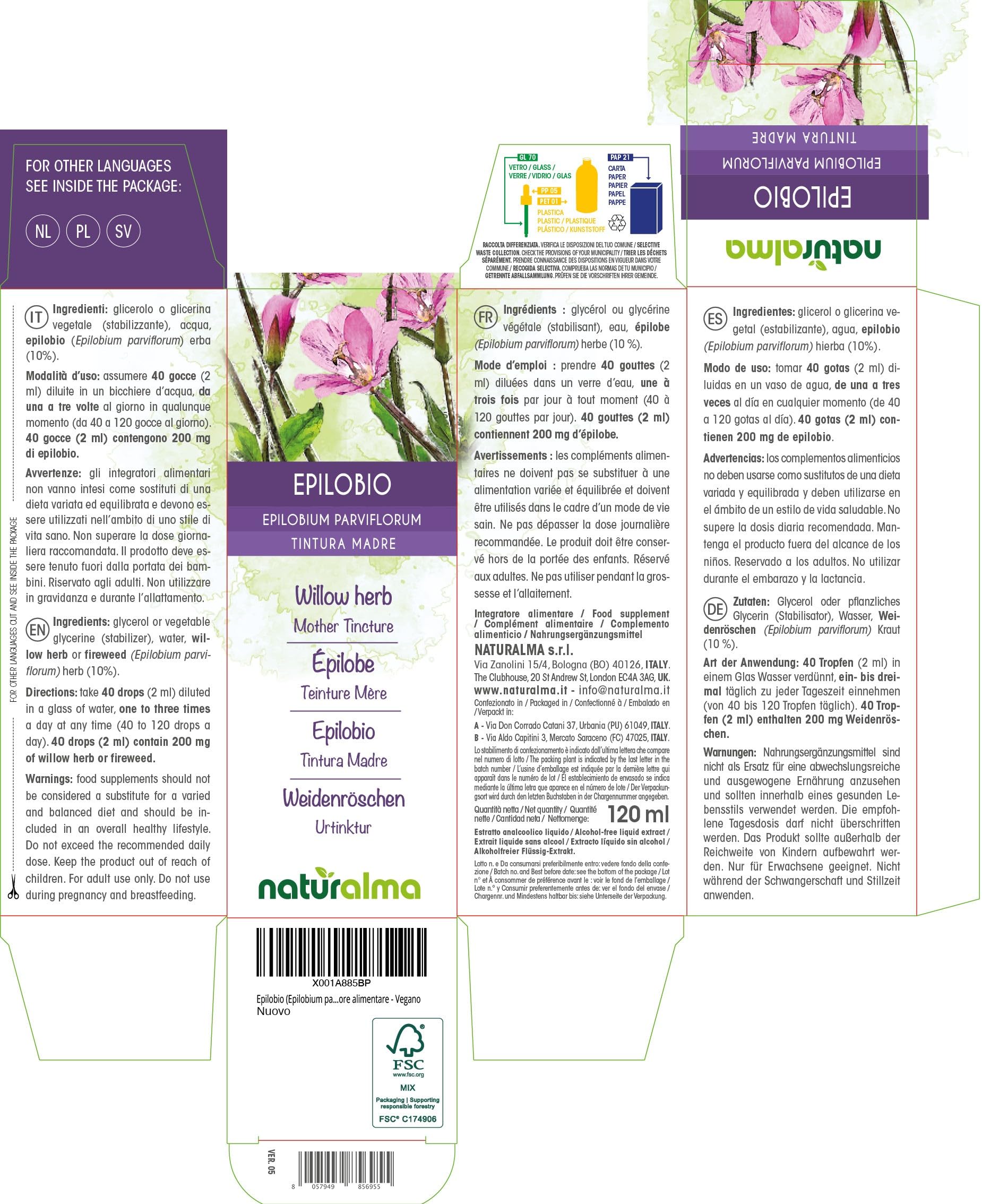 Willow herb or Fireweed (Epilobium parviflorum) herb Alcohol-Free Mother Tincture Naturalma - Liquid Extract Drops 120 ml - Food Supplement - Vegan