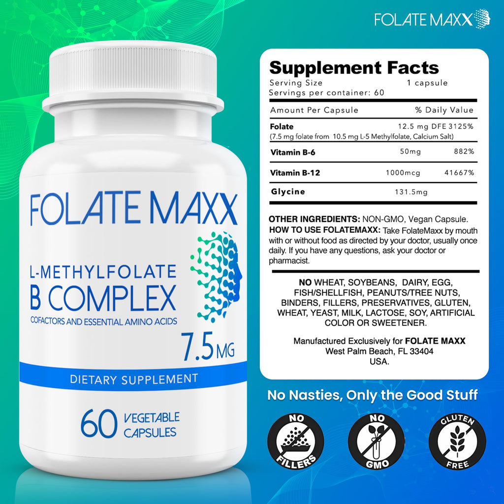 FOLATE MAXX L Methylfolate 7.5mg with Active Vitamin B Complex – 60 Capsules – High Potency 5-MTHF with B6 Blend and Methyl B12 Supplement – 3-in-1, Non-GMO, Gluten Free (2-Month Supply)