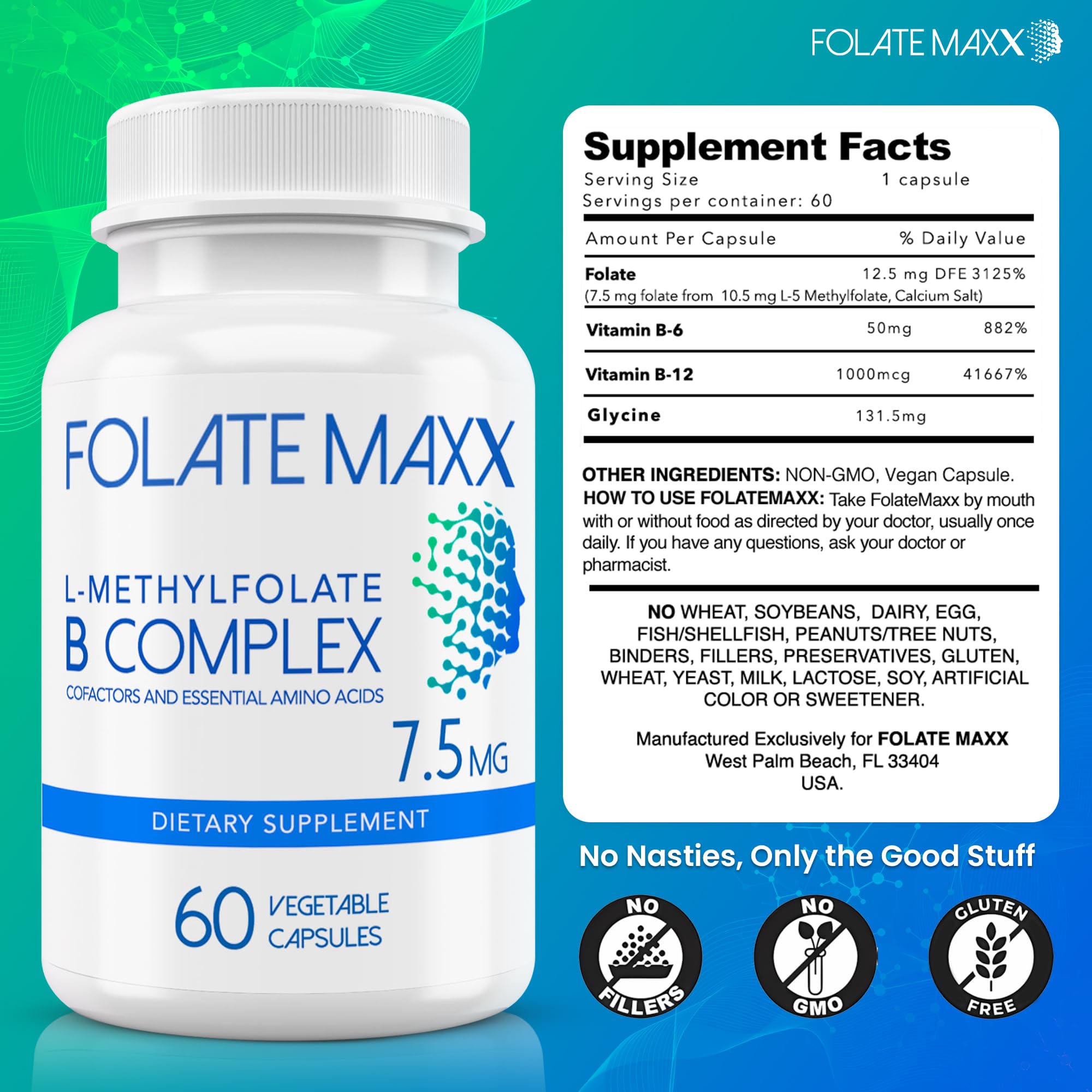 FOLATE MAXX L Methylfolate 7.5mg with Active Vitamin B Complex – 60 Capsules – High Potency 5-MTHF with B6 Blend and Methyl B12 Supplement – 3-in-1, Non-GMO, Gluten Free (2-Month Supply)