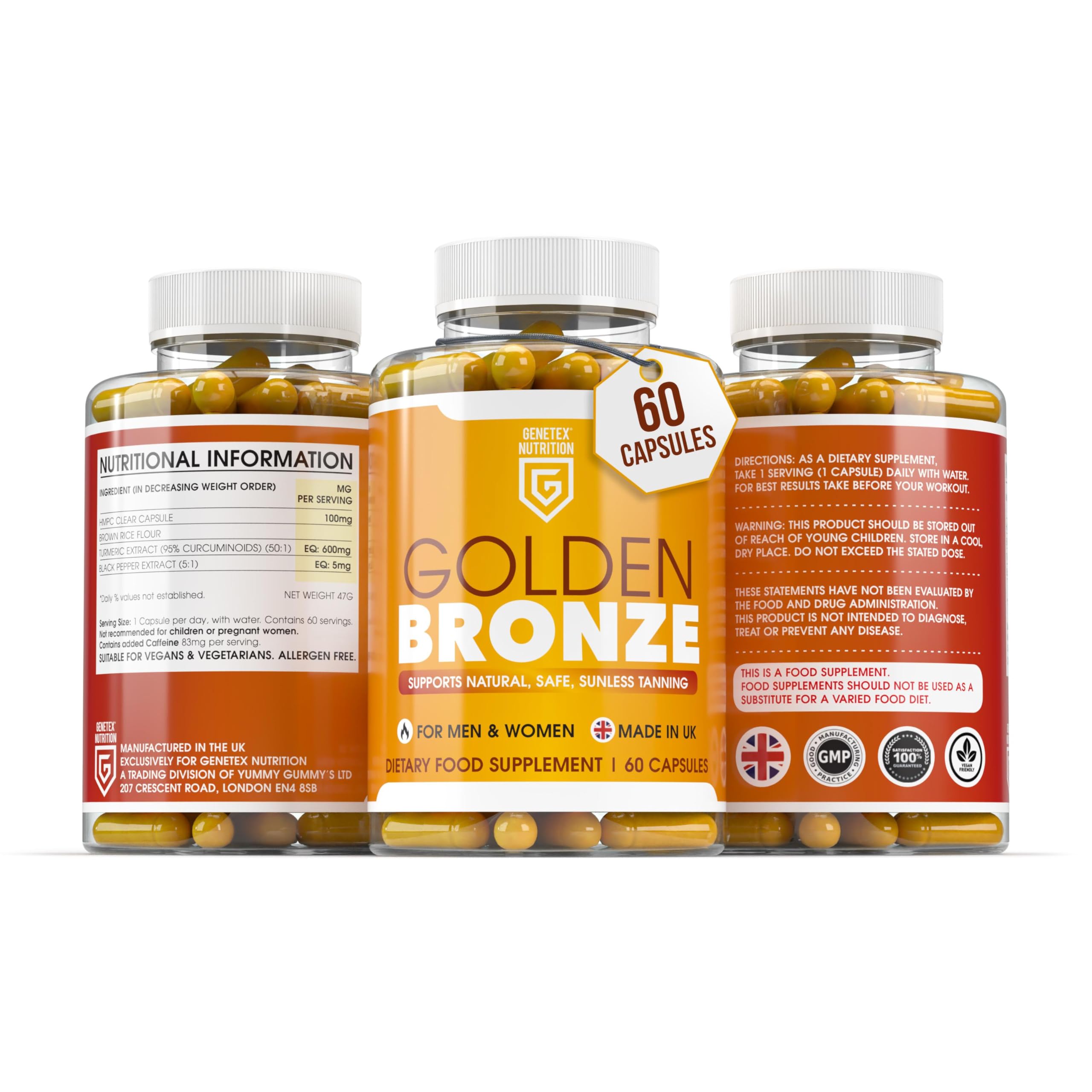 Golden Bronze Tanning Pills Supplement x 60 Capsules, Sunless & Safe Tan Melanin Accelerator Capsules, Tanning Pills for Healthy Natural Tan - Made in UK