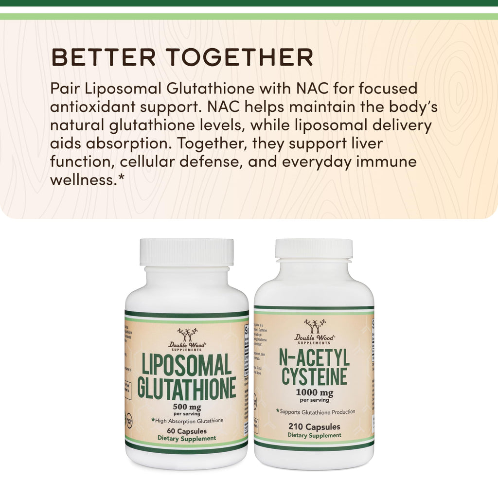 Liposomal Glutathione Supplement 500mg per Serving, 60 Capsules (Vegan Safe, Non-GMO) Max Absorption Liposomal Glutathione with Genuine Smell and Taste by Double Wood