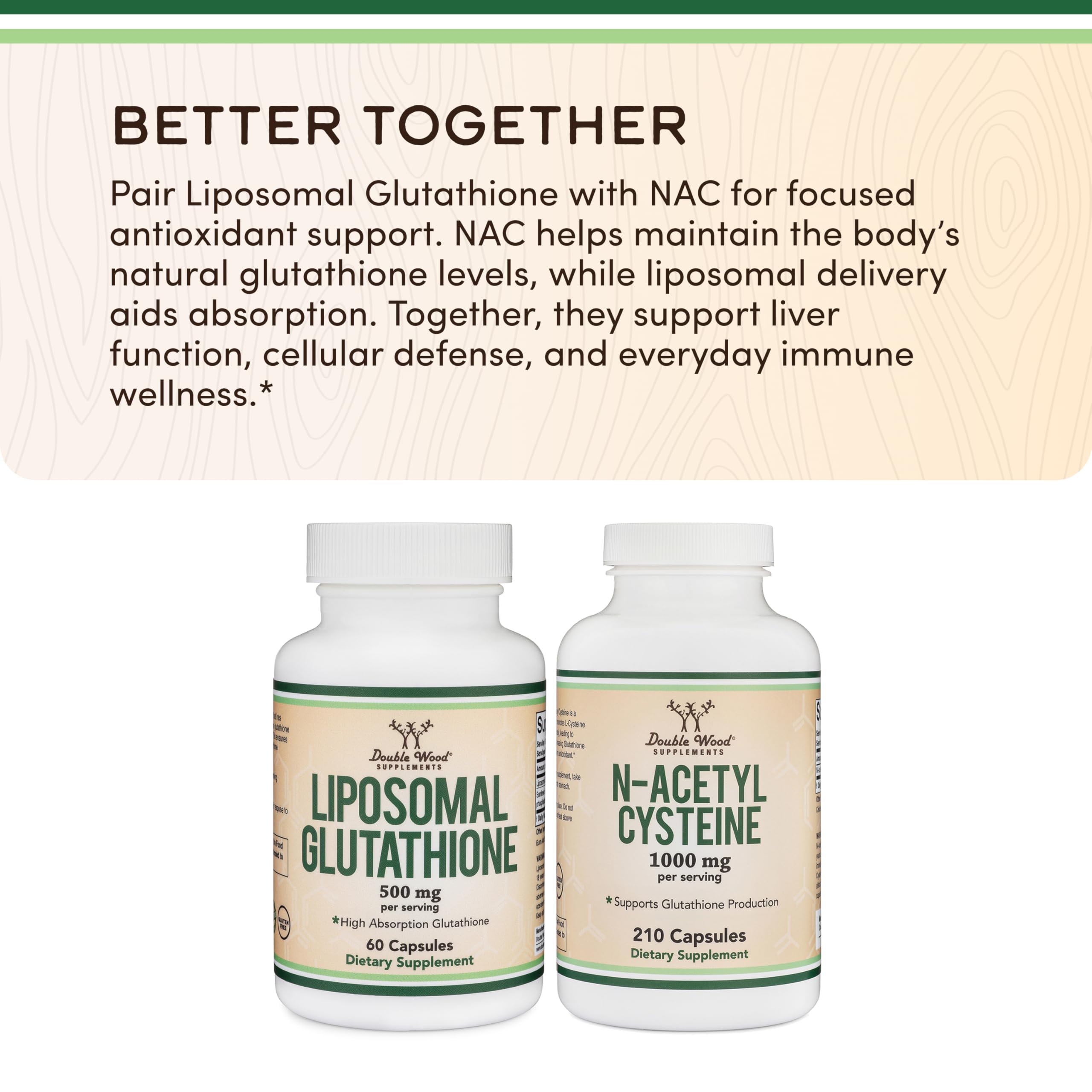 Liposomal Glutathione Supplement 500mg per Serving, 60 Capsules (Vegan Safe, Non-GMO) Max Absorption Liposomal Glutathione with Genuine Smell and Taste by Double Wood