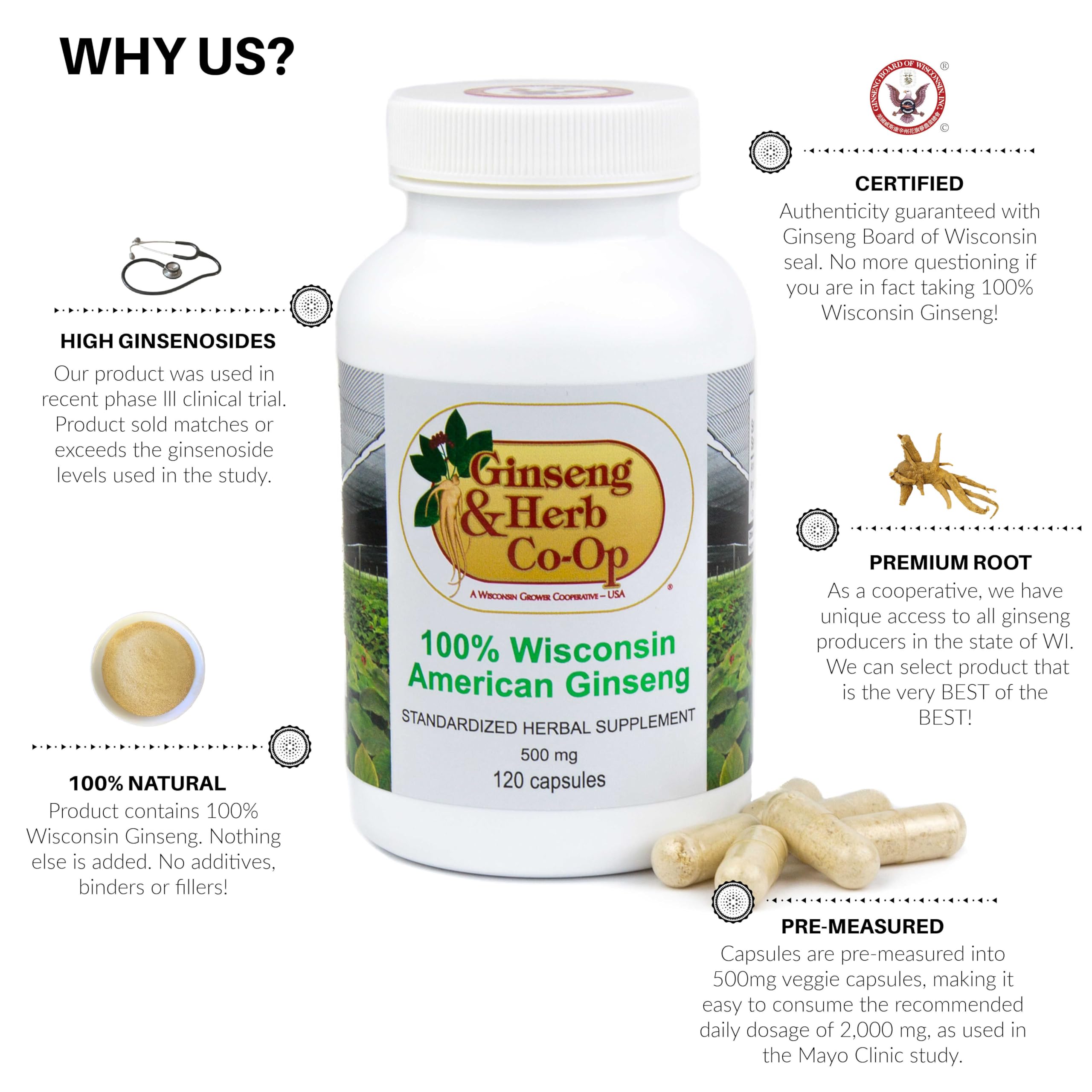 100% Pure Wisconsin American Ginseng Capsules - 500mg. Authentic Panax Quinquefolius. Potent Ground Ginseng Root - No Fillers, Binders or Other Additives. (120 Count)
