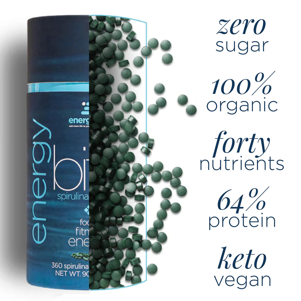 ENERGYBITS Organic Spirulina Tablets (1000 Algae Tablets) Natural Superfood for Energy, Fitness & Focus - 5g Protein, 1 Calorie, Sugar Free - Omega 3 - Spirulina Capsules - Gluten Free, Keto & Vegan
