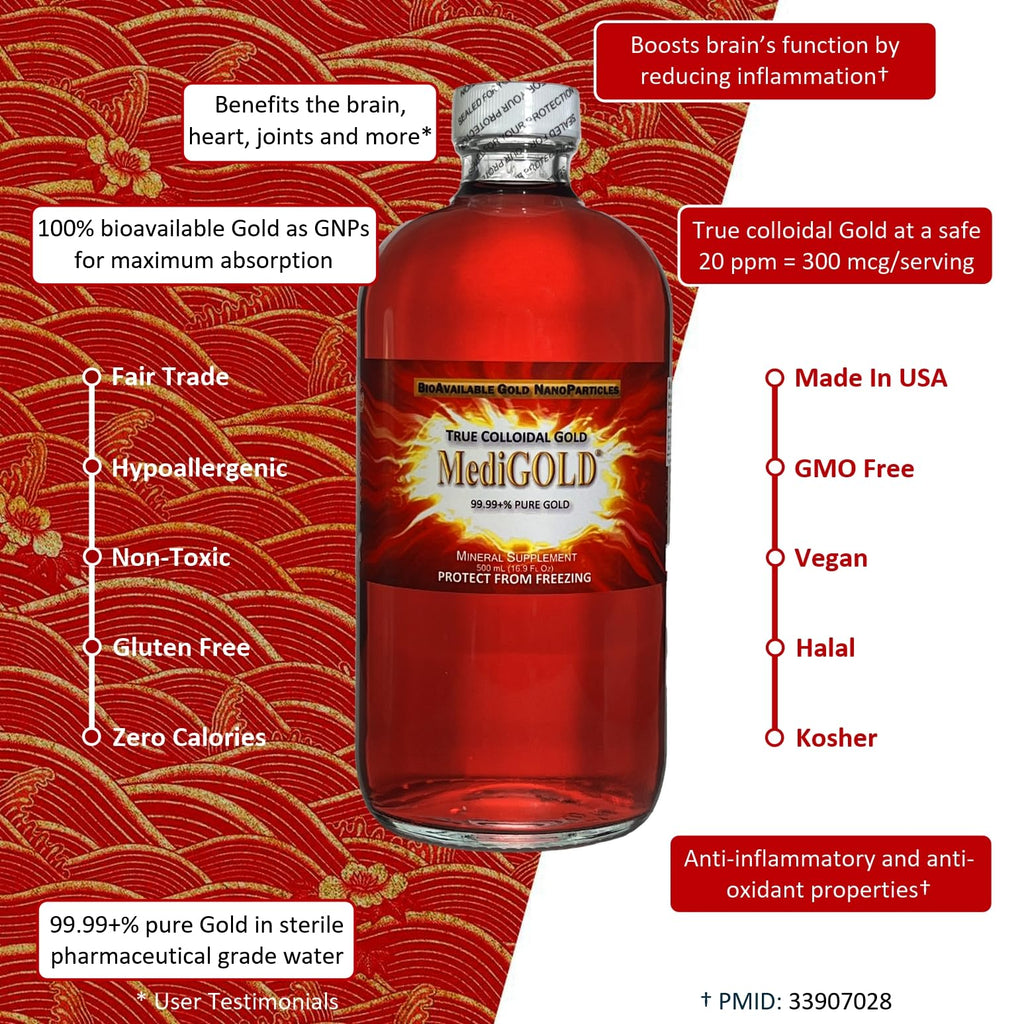 MediGOLD True Colloidal Gold Dietary Supplement - 500 mL (16.9 Fl Oz) in Clear Glass Bottle