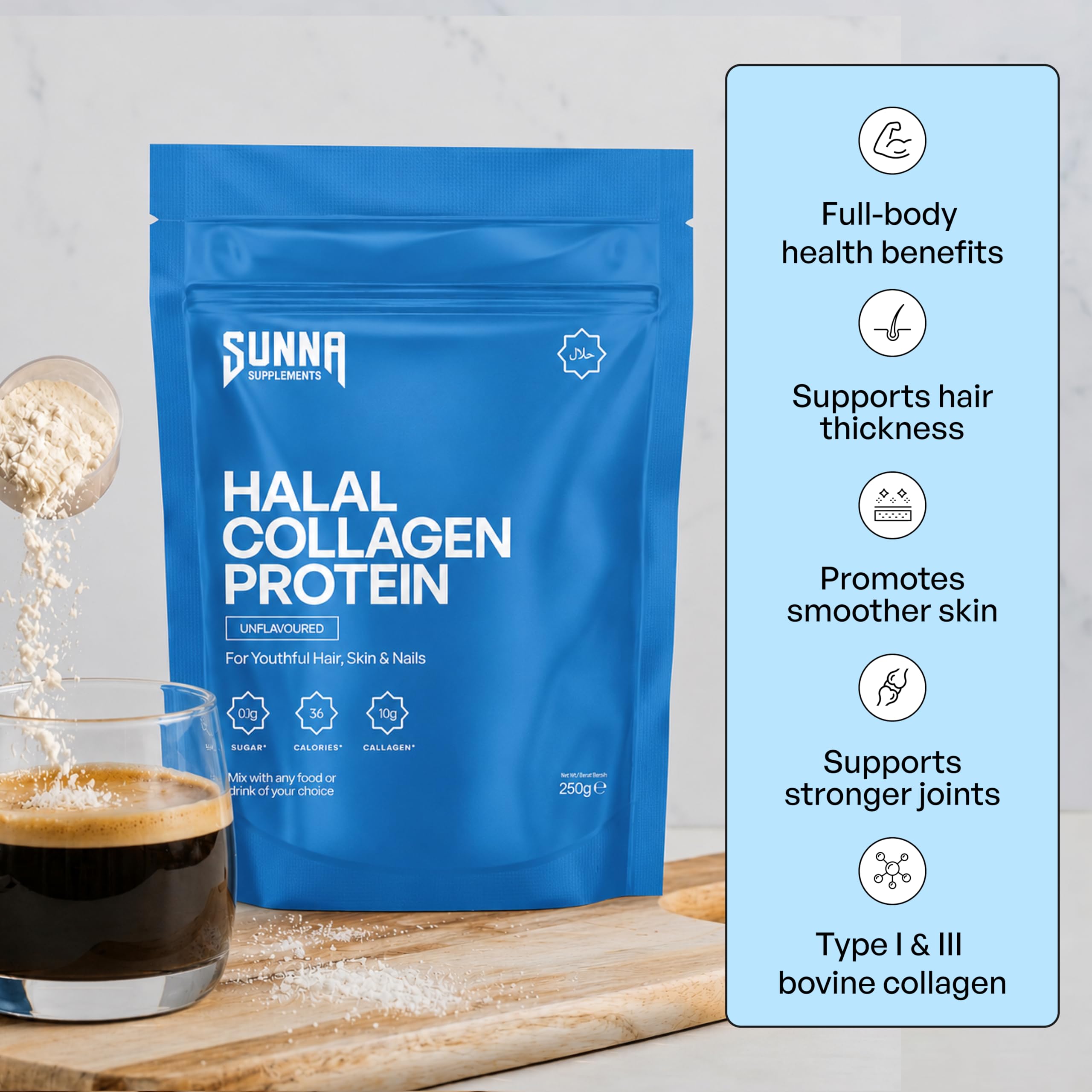 SUNNA SUPPLEMENTS Grass-Fed Halal Collagen Powder - Type I & III Hydrolyzed Bovine Peptides for Joint, Skin, Hair & Nail Support - High Protein, Gluten-Free, Keto & Paleo Friendly - Unflavored