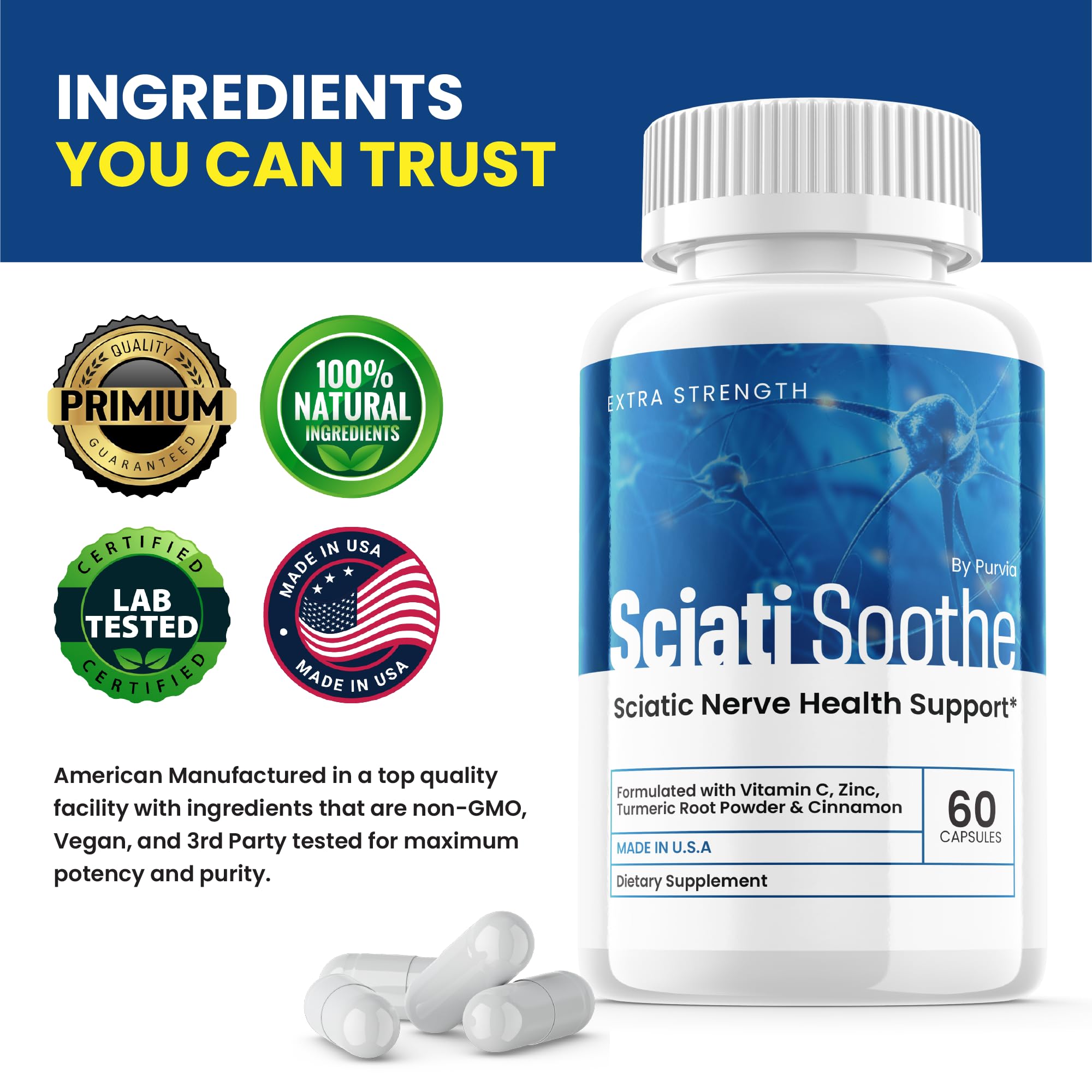 (3 Pack) Sciatisoothe Supplement for Sciatica, Sciati Soothe Nerve Health, Sciatisoothe Capsules Vitamins, Sciatisoothe Advanced Overall Wellness Support Maximum Strength Formula USA (180 Capsules)