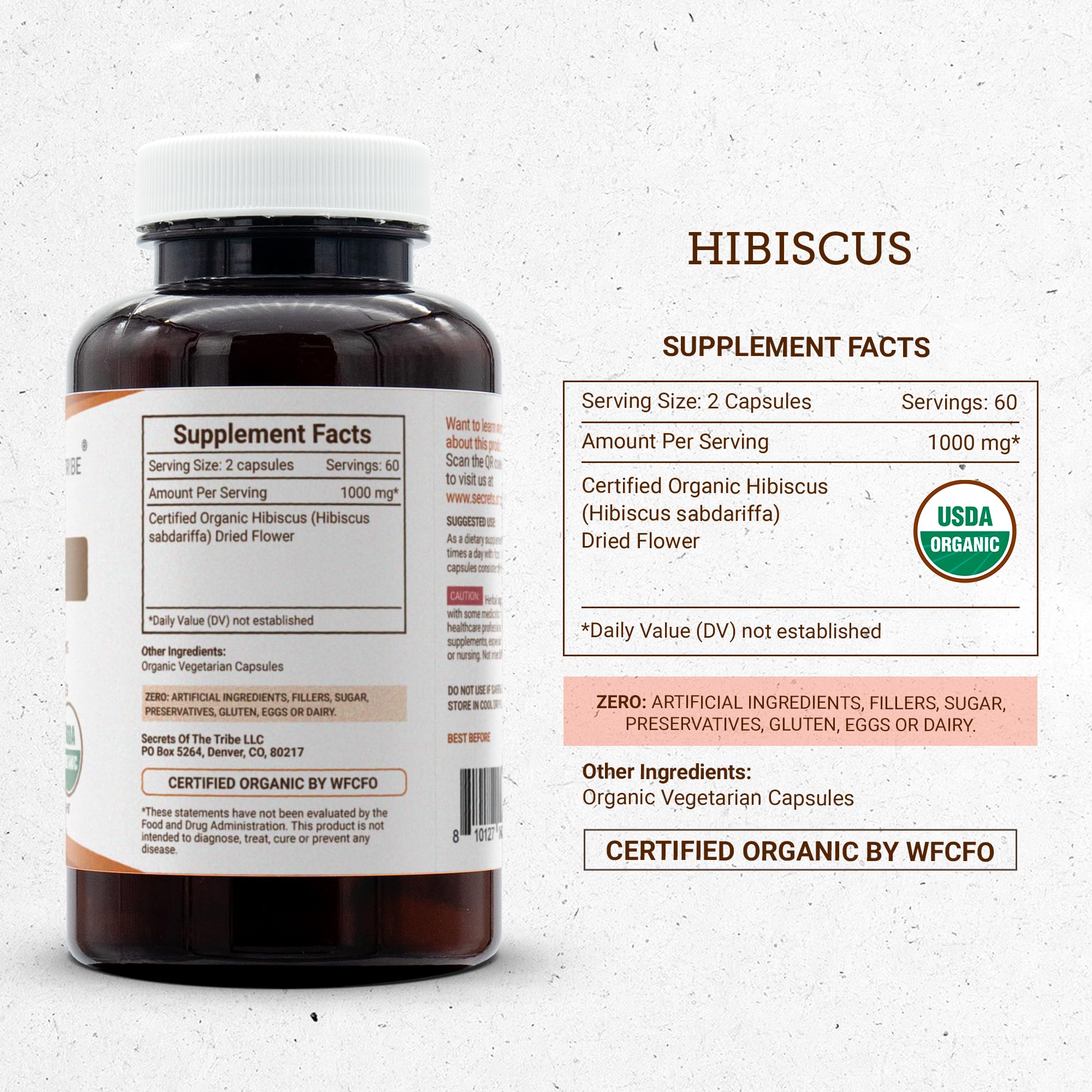 Secrets of the Tribe Hibiscus USDA Organic | Made with Vegetarian Capsules and Certified Organic Hibiscus Sabdariffa Dried Flower (120 Capsules)