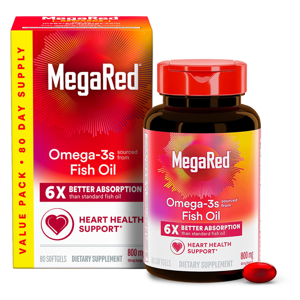MegaRed Fish Oil 800mg Omega 3 Supplement with EPA & DHA, Supports Heart, Brain, Joint and Eye Health, No Fishy Aftertaste - 80 Softgels (80 Servings)