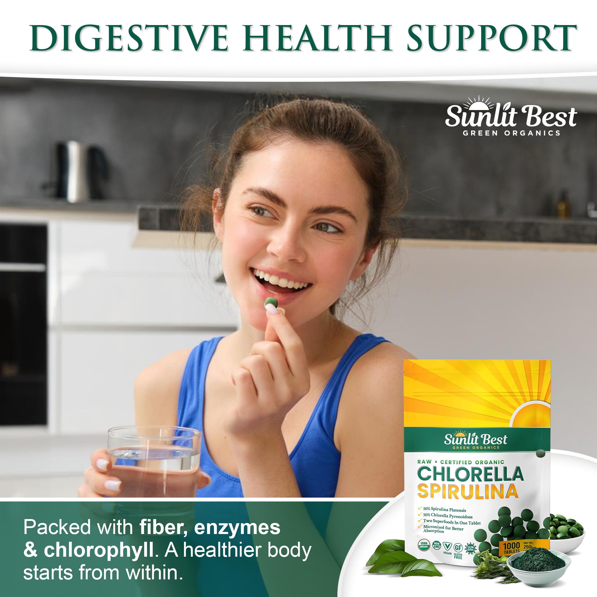 Sunlit Best Chlorella Spirulina Tablets - Organic USDA, Premium Spirulina and Chlorella Tablets 1000 Count - Sun Chlorella Pure Natural Superfood with Algae, Enzymes Chlorophyll & Vegan Protein