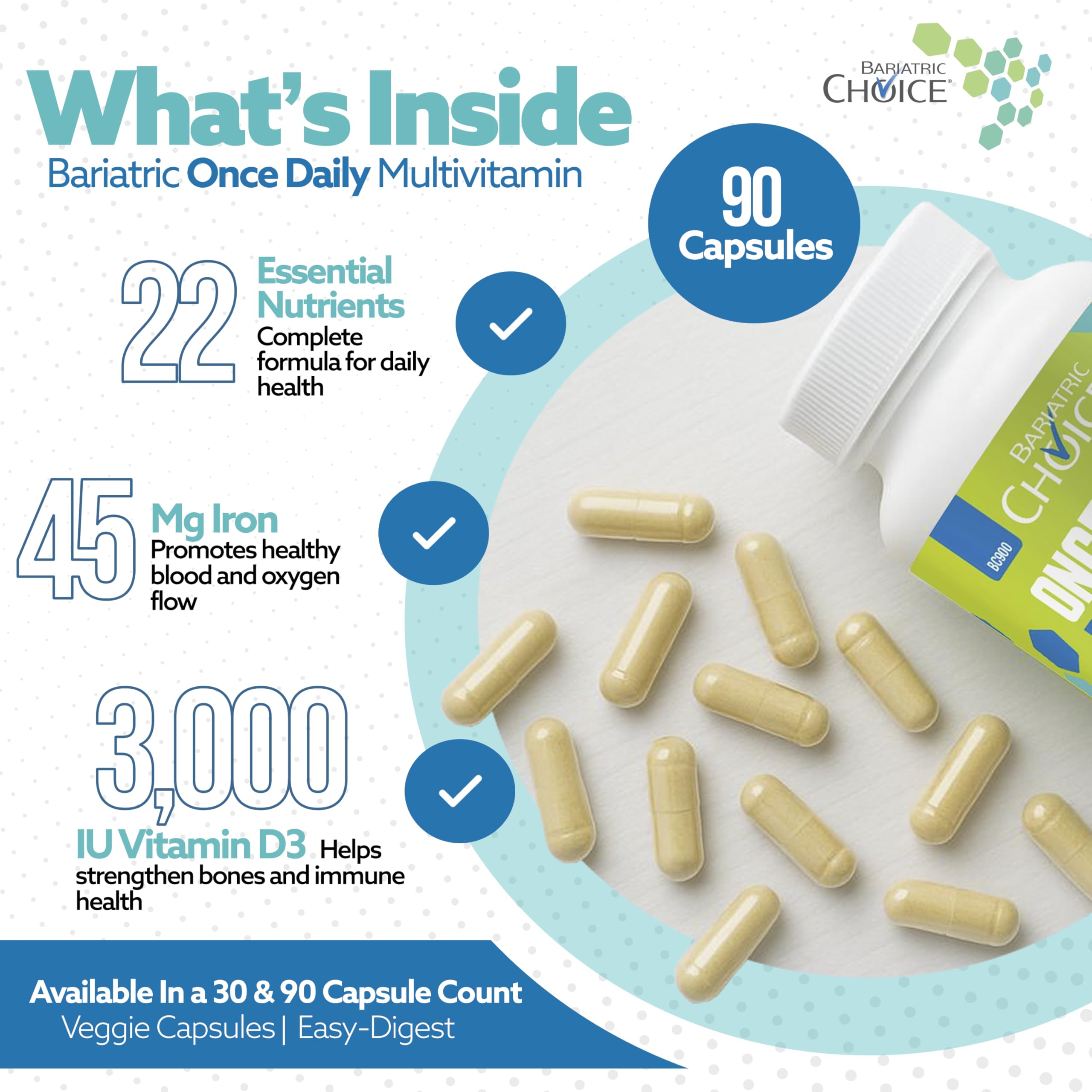 Bariatric Choice Bariatric Multivitamin with Iron 45mg – Once Daily Easy to Swallow Capsule for Gastric Bypass & Sleeve Patients – High Potency Vitamins A, D, B12 & More – 3 Month Supply (90 Count)