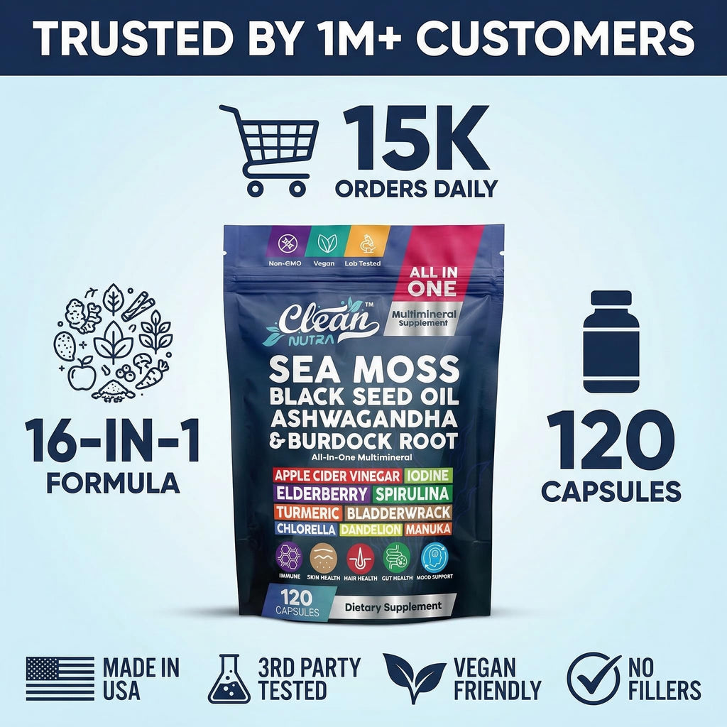 Clean Nutraceuticals Sea Moss Black Seed Oil Ashwagandha Turmeric Bladderwrack Burdock & Vitamin C Vitamin D3 with Elderberry Manuka Dandelion (120 Count (Pack of 1))