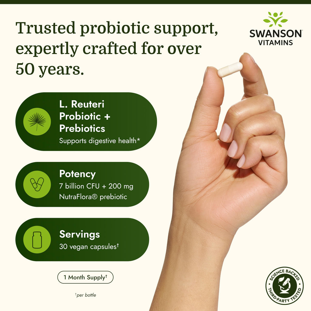 Swanson L. Reuteri Probiotic Plus with L. Rhamnosus, L. Acidophilus & FOS Prebiotic for Gut-Health-Conscious Adults - 7 Billion CFU (30 Vegan Capsules, 2 Pack)