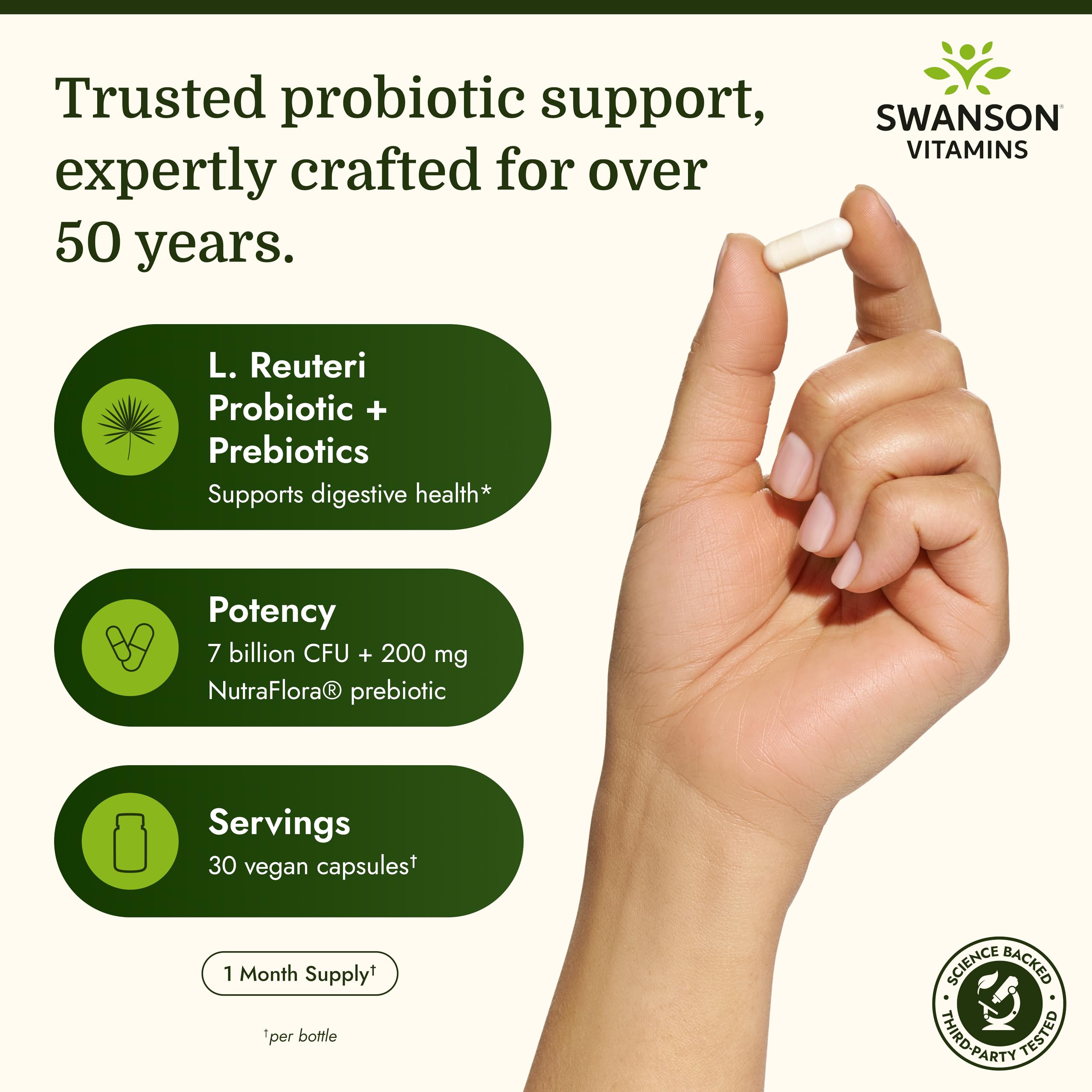 Swanson L. Reuteri Probiotic Plus with L. Rhamnosus, L. Acidophilus & FOS Prebiotic for Gut-Health-Conscious Adults - 7 Billion CFU (30 Vegan Capsules, 2 Pack)