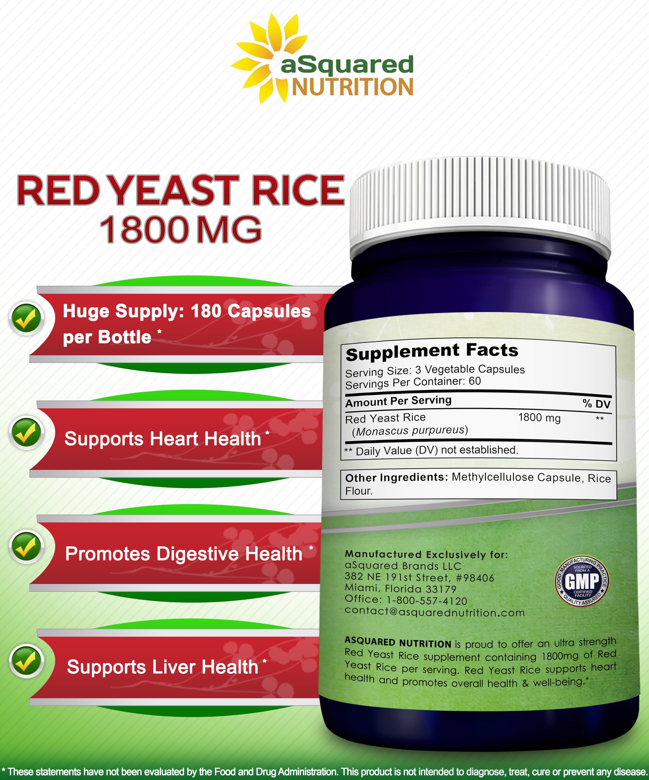aSquared Nutrition Red Yeast Rice 1800mg - Dietary Supplement Vegan Powder Pills to Support Cardiovascular Health - 180 Veggie Capsules