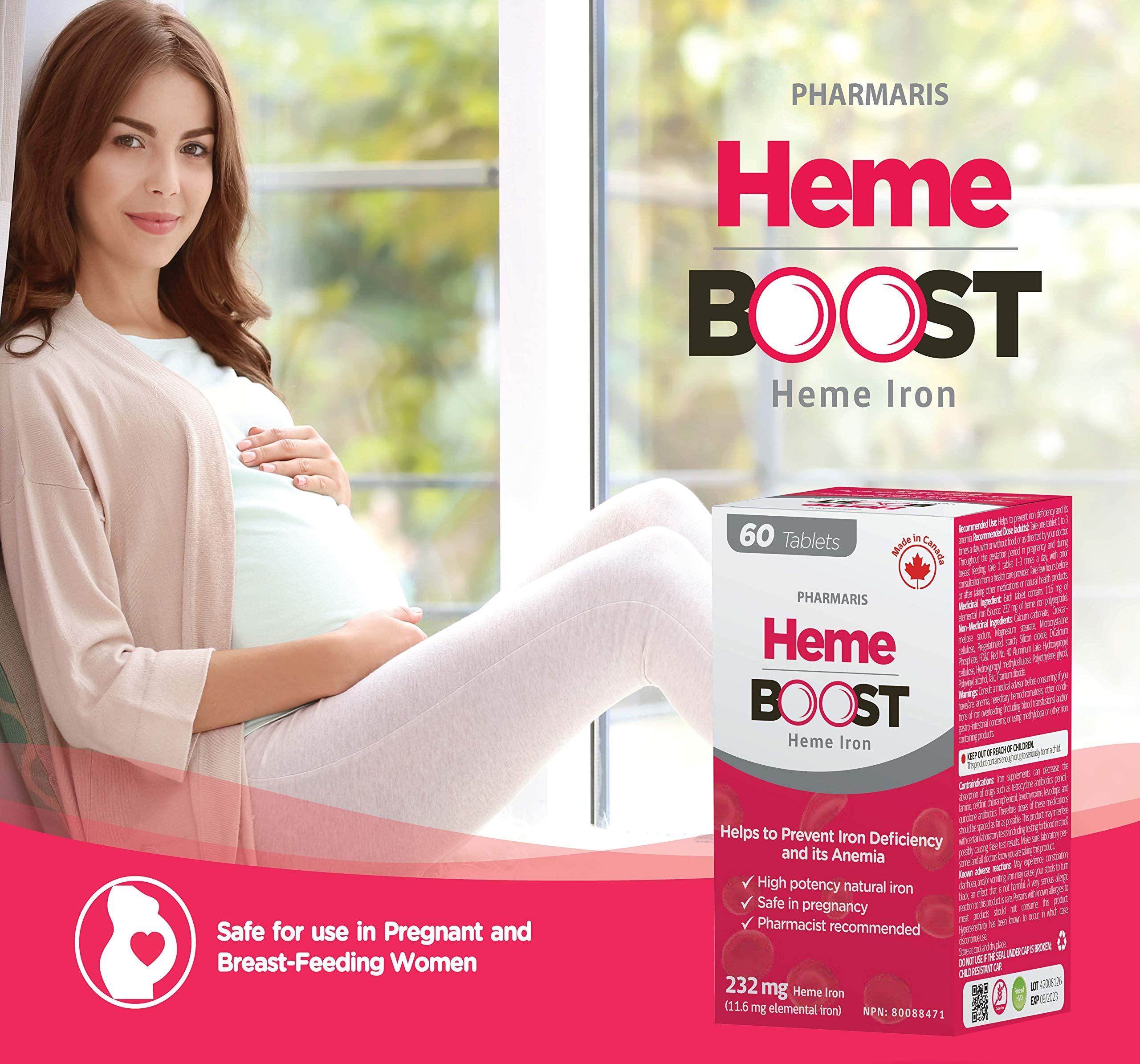 Hemeboost 11.6mg (232mg Heme Iron Pills), High Potency Iron Supplement for Women & Men, High Absorption & Gentle on Stomach, Safe for Use in Pregnancy, 60 Tablets