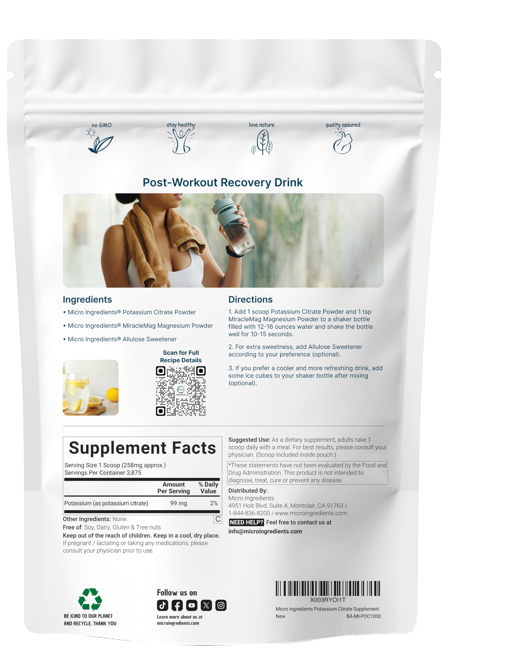US Origin Potassium Citrate Powder, 1 KG (35 Ounce) | Essential Hydration Electrolyte Supplement | Vegan Friendly