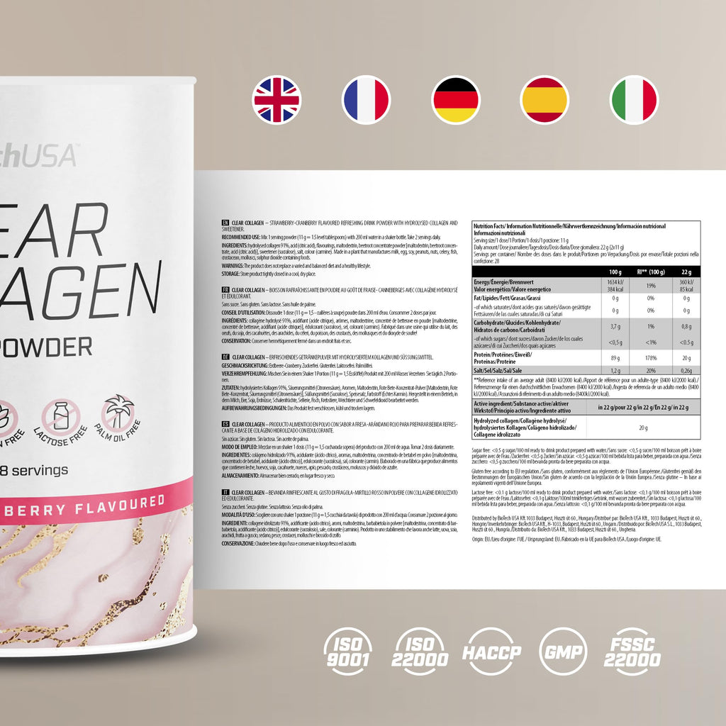 BioTechUSA Clear Collagen Drink Powder, A Refreshing, Flavoured Drink Powder containing hydrolysed Collagen and Sweetener, 308 g, Strawberry & Cranberry