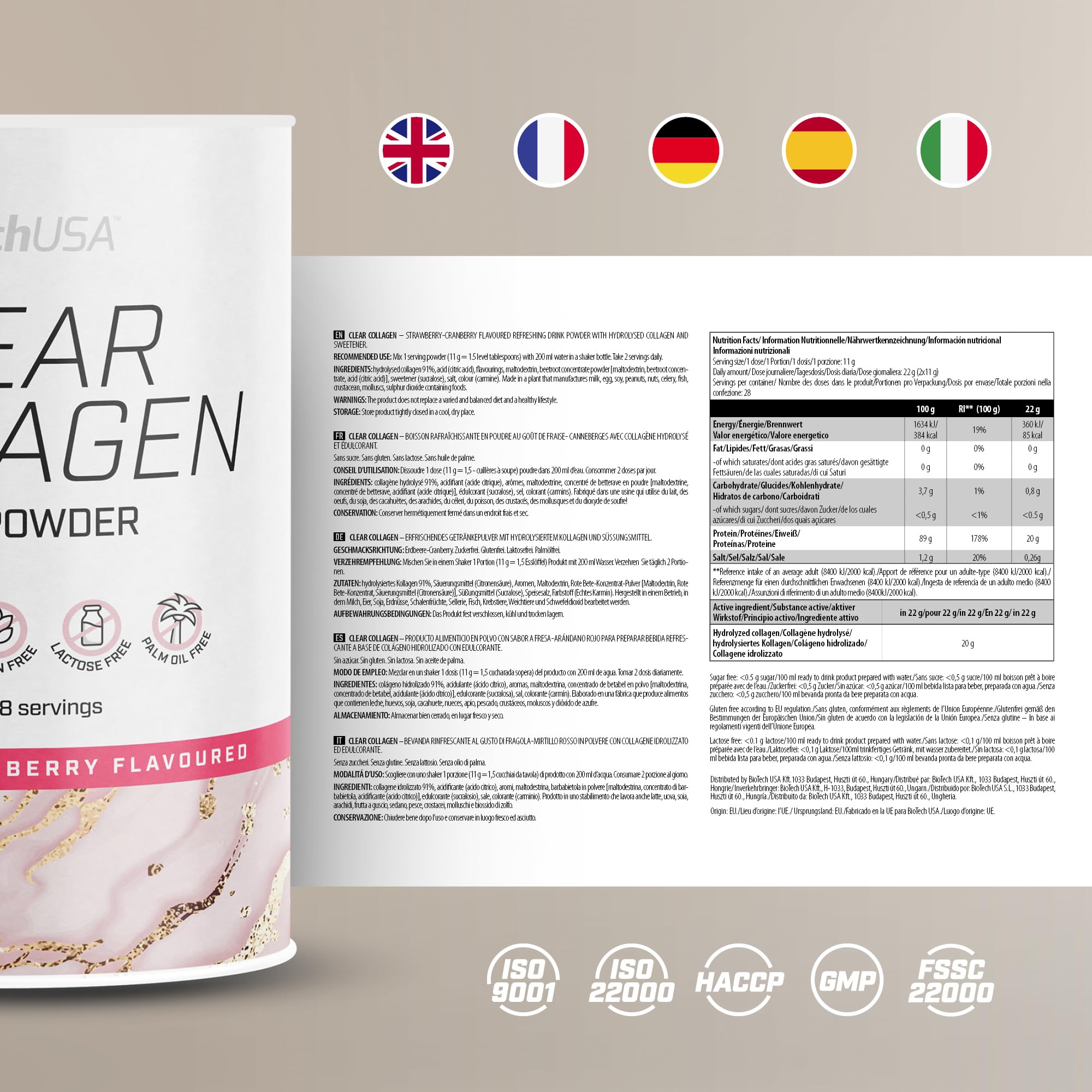 BioTechUSA Clear Collagen Drink Powder, A Refreshing, Flavoured Drink Powder containing hydrolysed Collagen and Sweetener, 308 g, Strawberry & Cranberry