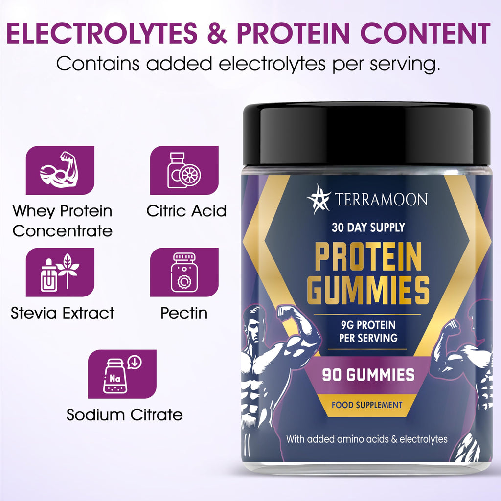 Protein Gummies, 9g Protein Per Serving, 90 Gummies, 30-Day Supply with BCAA and Electrolytes