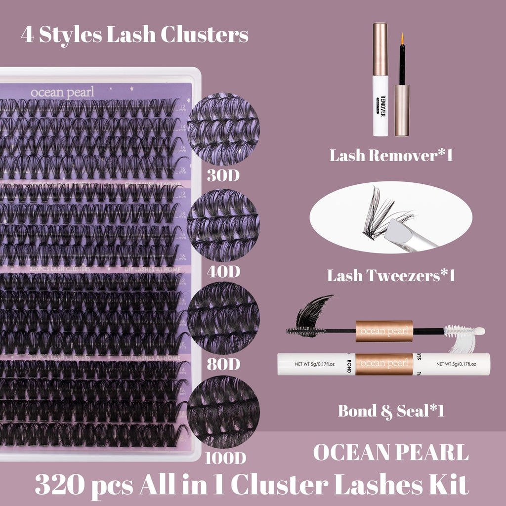 Ocean Pearl Cluster Lashes 320PCS Individual Eyelashes 30D+40D+80D+100D 4 Styles Eyelash Extensions Kit 12-20MM Lash Clusters DIY Eyelash Clusters with Super Lash Bond+Seal+Remover+Tweezer-4