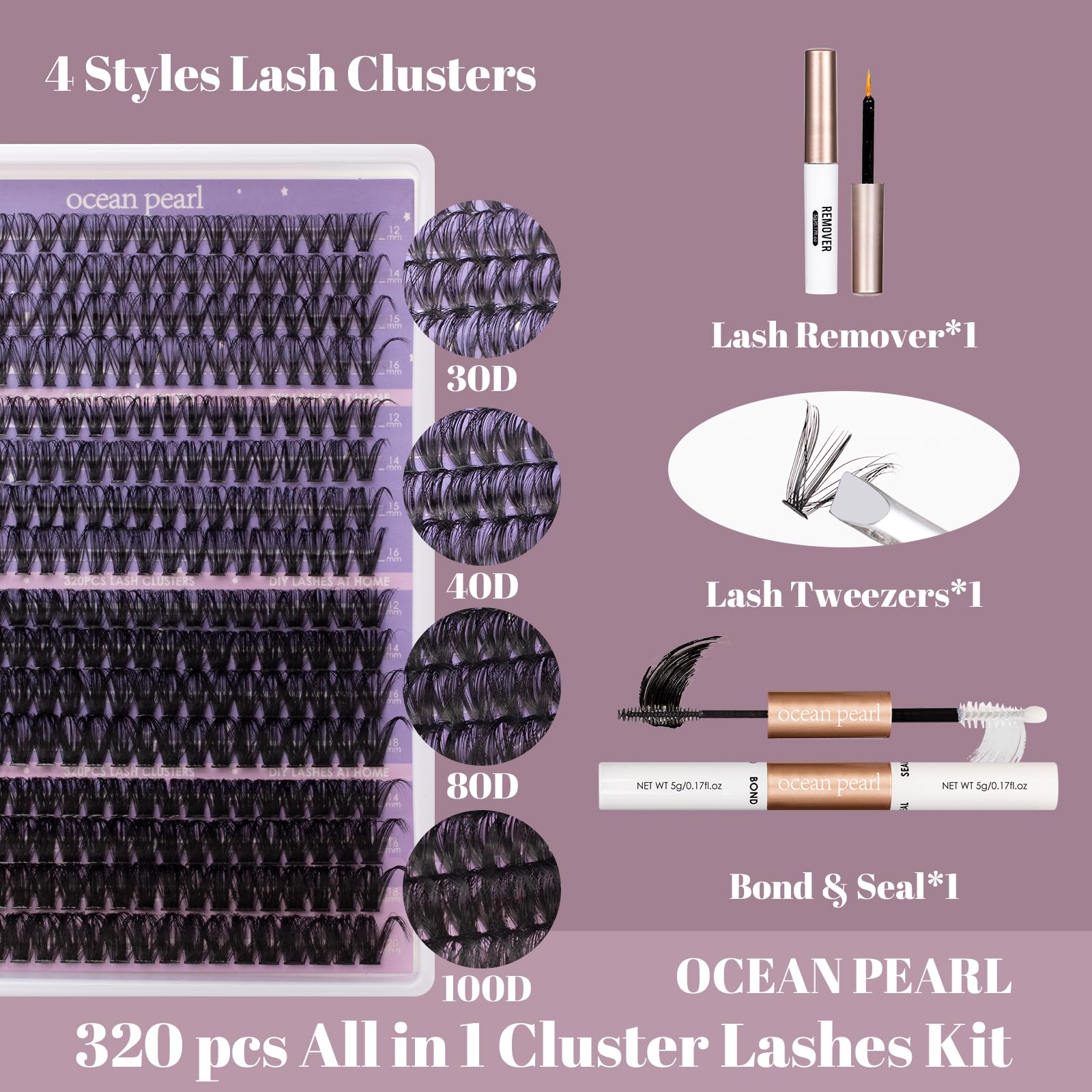 Ocean Pearl Cluster Lashes 320PCS Individual Eyelashes 30D+40D+80D+100D 4 Styles Eyelash Extensions Kit 12-20MM Lash Clusters DIY Eyelash Clusters with Super Lash Bond+Seal+Remover+Tweezer-4