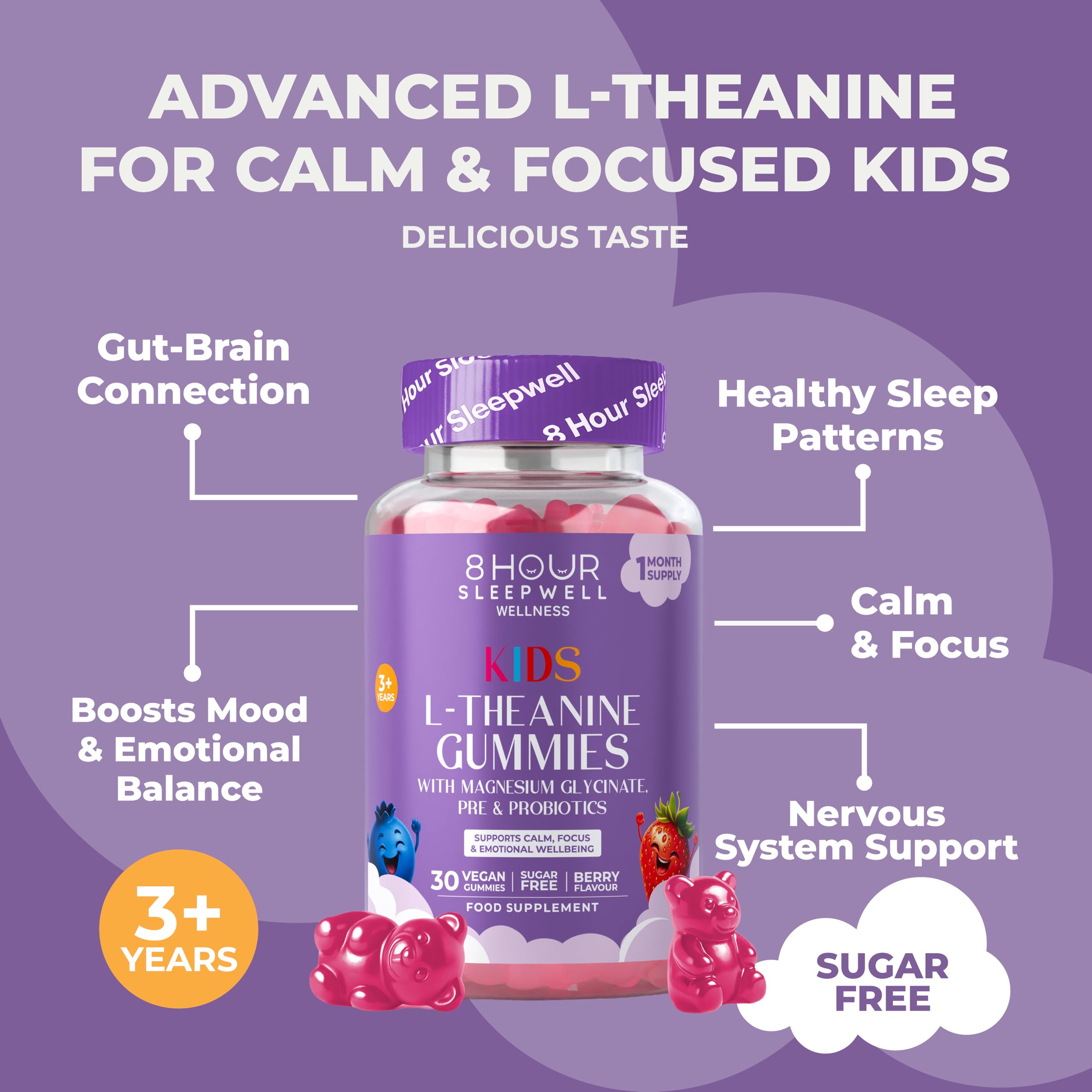 Kids L Theanine Gummies – 50mg with Magnesium Glycinate & Prebiotics to Improve Kids Concentration & Focus | Sugar-Free, Vegan & Chewable | Ages 3+ | Berry Flavour | 1 Month Supply