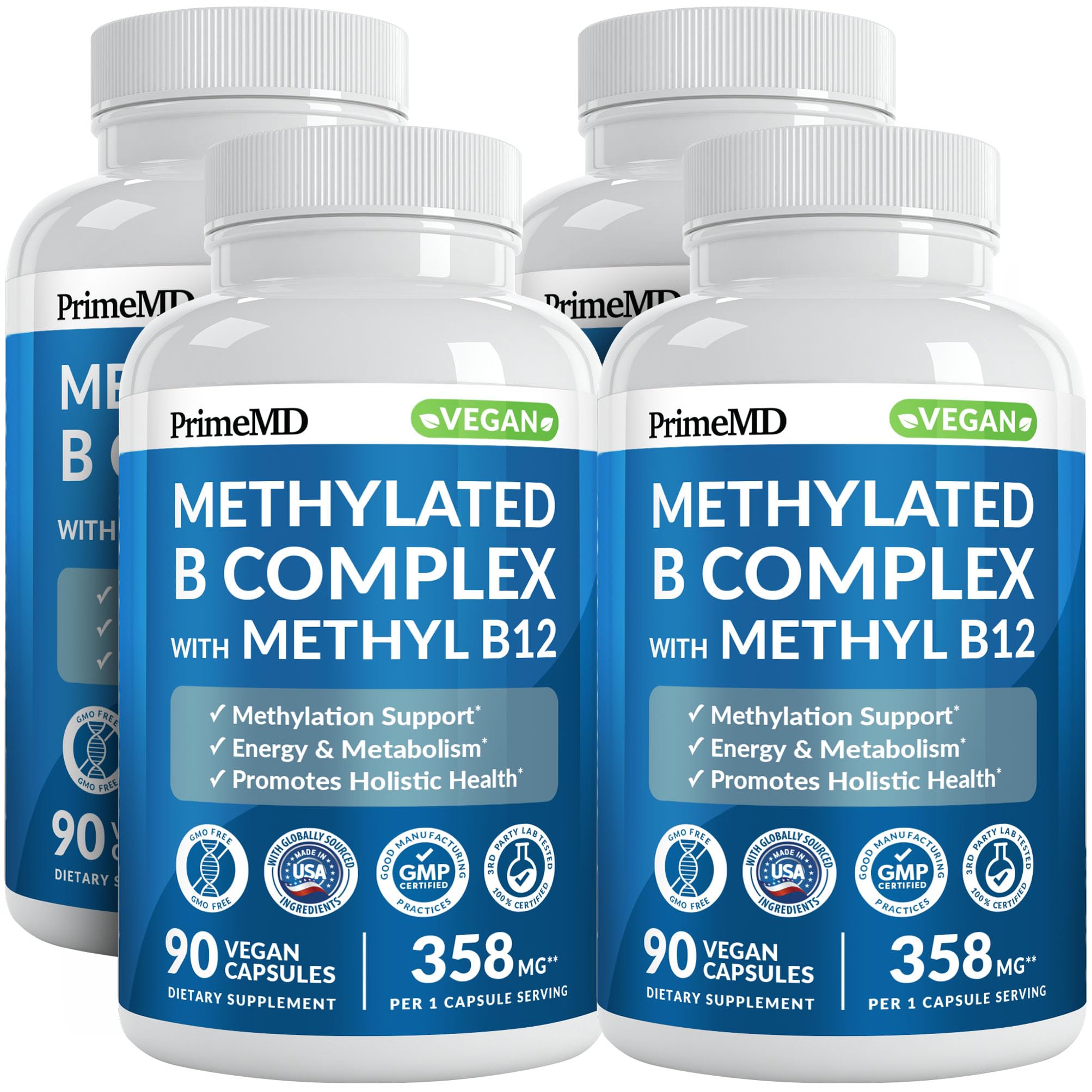 Methylated B Complex with Methylfolate and B12 Methylcobalamin 1000 mcg - Methylated Multivitamin for Energy, Brain Function, and Wellness - Vitamin B Complex for Men & Women (360 Servings, Pack of 4)