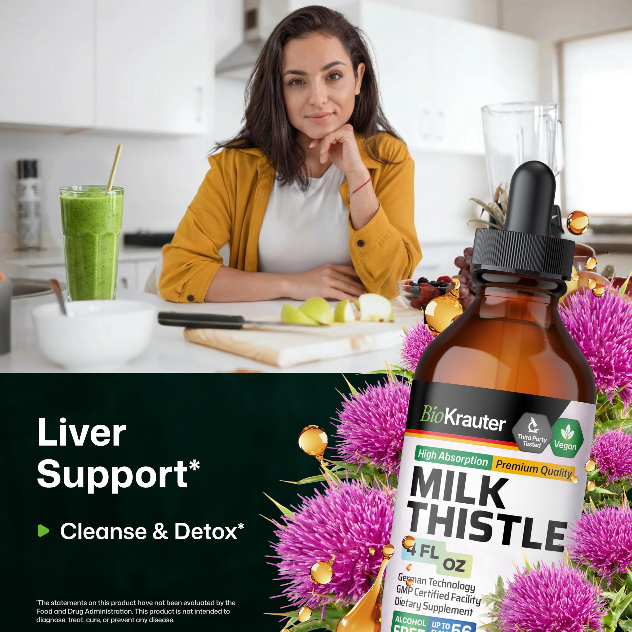 BIO KRAUTER® Milk Thistle Supplement for Liver Cleanse & Detox - Liquid Milk Thistle Extract Сontains Silymarin for Digestive Support 4 Fl.Oz - Alcohol & Sugar Free, 56 Days of Supply