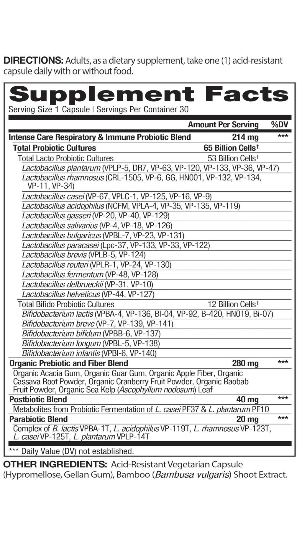 Vital Pro Naturals - Respiratory and Immune Probiotics + Prebiotics, Postbiotics, Parabiotics, Health Supplement for Adults, High Potency 65 Billion CFU, 65 Strains, Supports Intestinal Health 30 ct