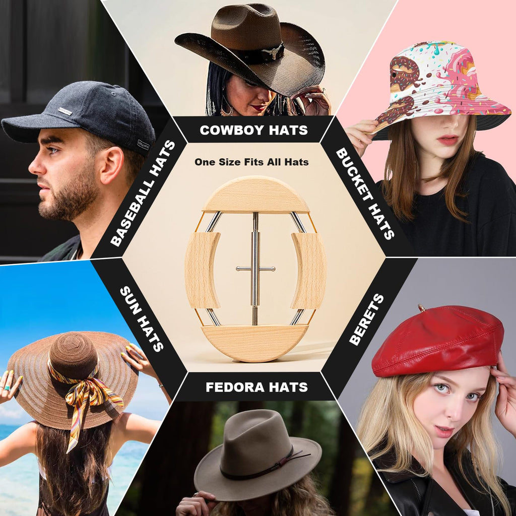 4 Way Hat Stretcher for Fitted Cowboy Hats Caps Stretcher for Men Fits All Caps - Beech Wood, Heavy Duty of Hat Extender Widener Shaper Large Size Enlarger, Beech + Stainless Steel, Large-X-Large