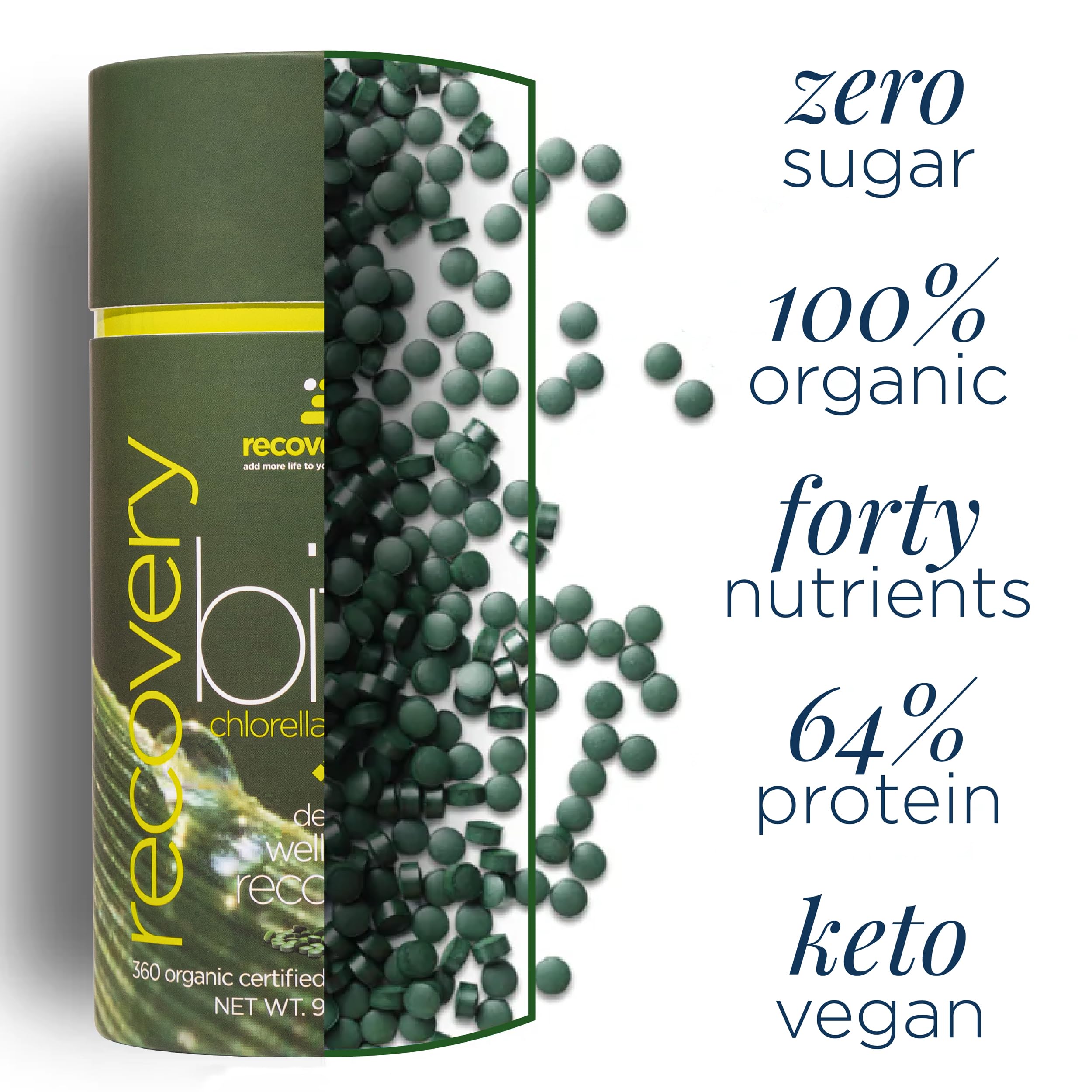 RECOVERYbits - Organic Chlorella Tablets - Plant-Based Algae Superfood - Chlorophyll - Cracked Cell Wall - Energy - Immune System - Detox - Keto - Vegan - Non-GMO - Large Bag - 1000 Tablets