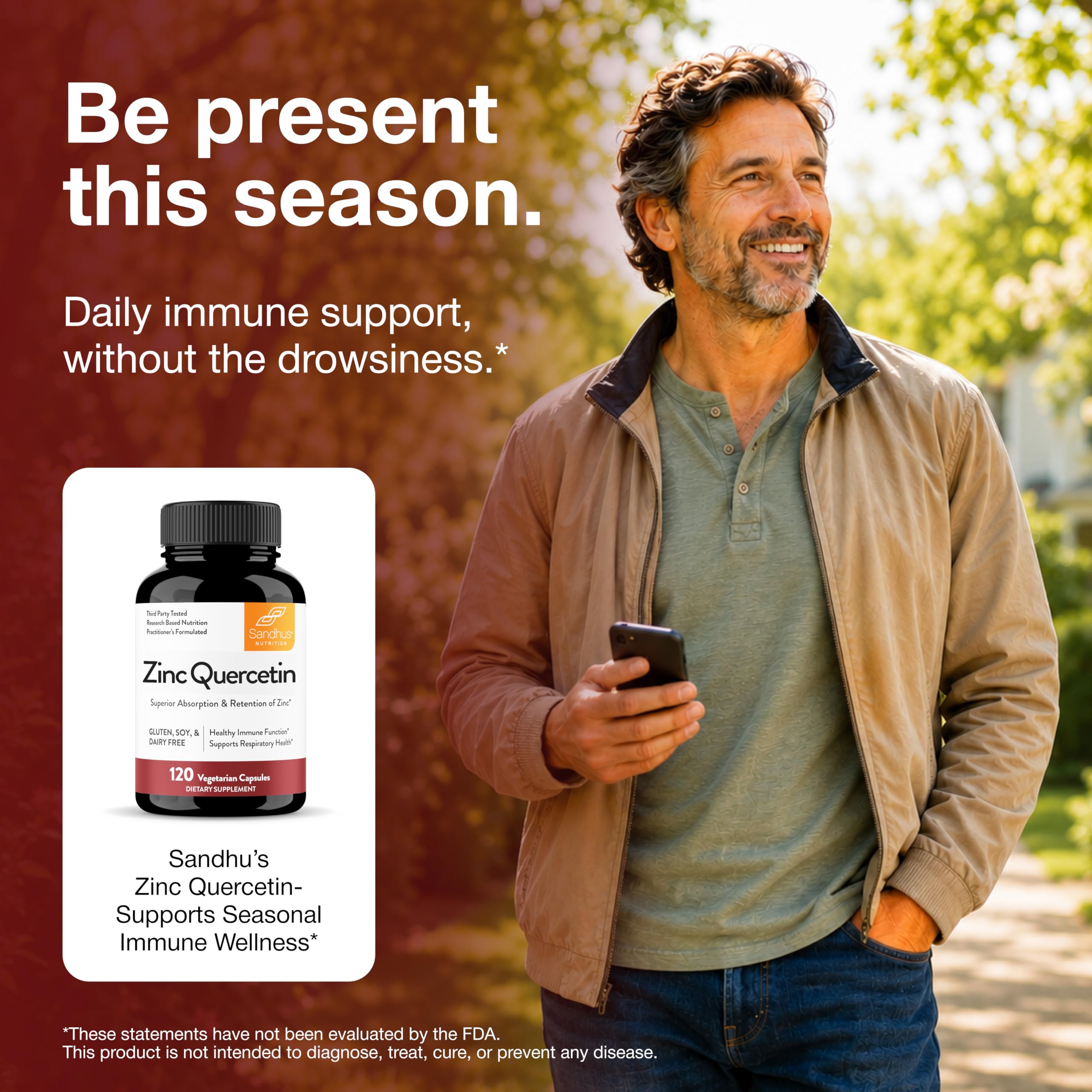 Sandhu's Zinc Quercetin 120 Vegetarian Capsules (Pack of 1) | High Absorption Zink Supplements for Immunity and Seasonal Allergy | Antioxidant Immune Support for Men and Women | Easy to Swallow