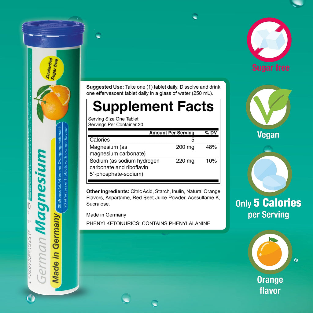 German Magnesium Oxide Supplement | Effervescent Tablets | Orange Flavor – 200 mg Magnesium per Serving | Sugar Free, Vegan – T&D Pharma – Made in Germany