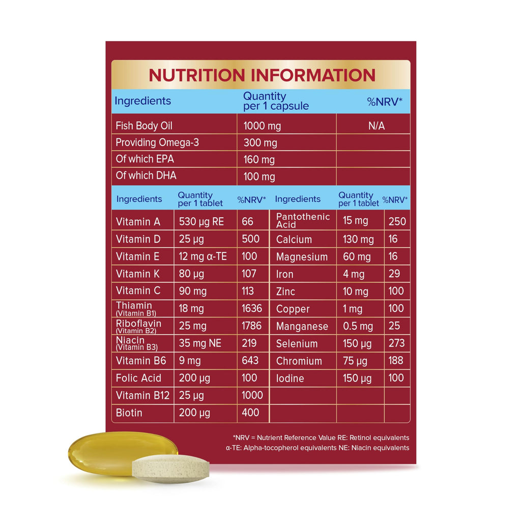 Seven Seas Omega-3 and Multivitamins Man 50plus, 30-Day Duo Pack, with B Vitamins and Calcium, 30 Omega-3 Capsules and 30 Multivitamin Tablets